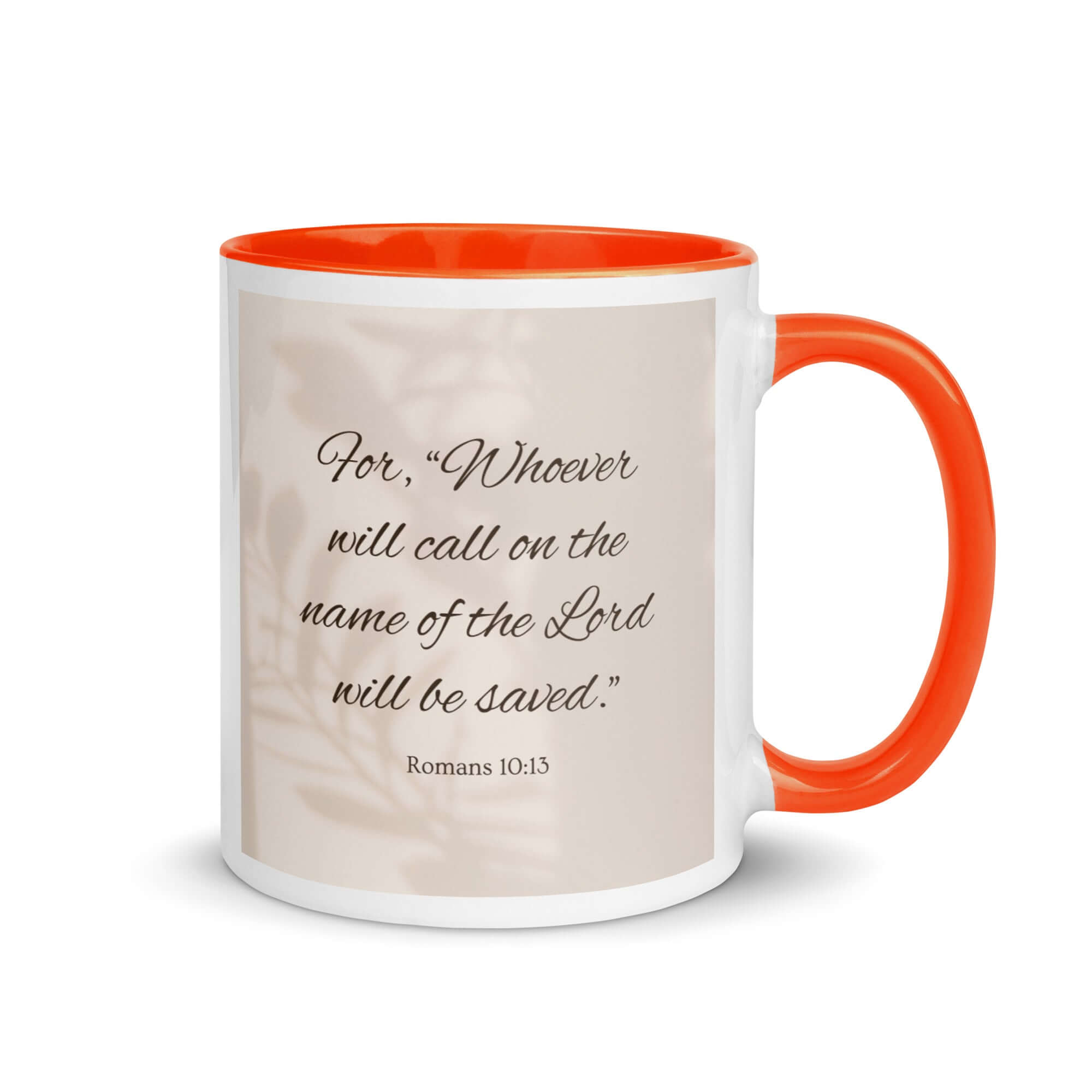 Romans 10:13 Bible Verse, Whoever White Ceramic Mug with Color Inside Orange 11 oz
