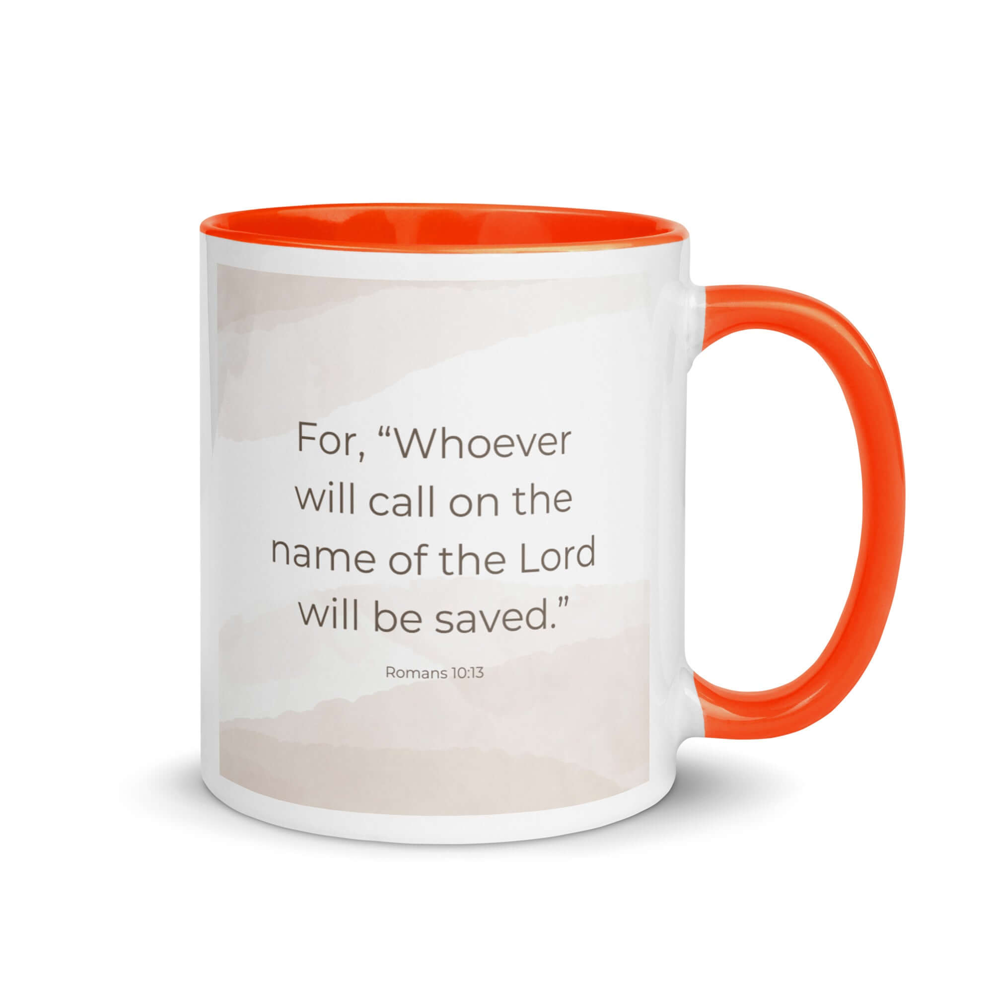 Romans 10:13 Bible Verse, the name White Ceramic Mug with Color Inside Orange 11 oz