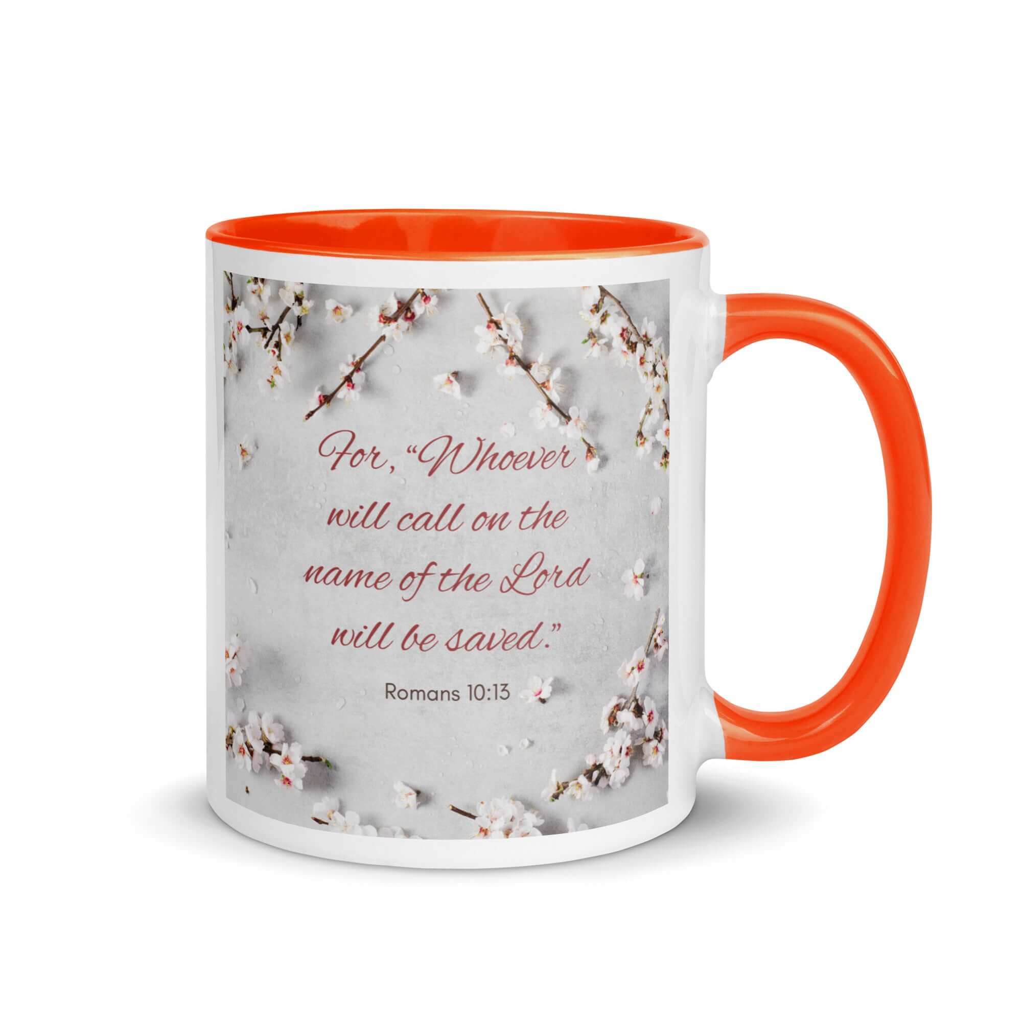 Romans 10:13 Bible Verse, the Lord White Ceramic Mug with Color Inside Orange 11 oz