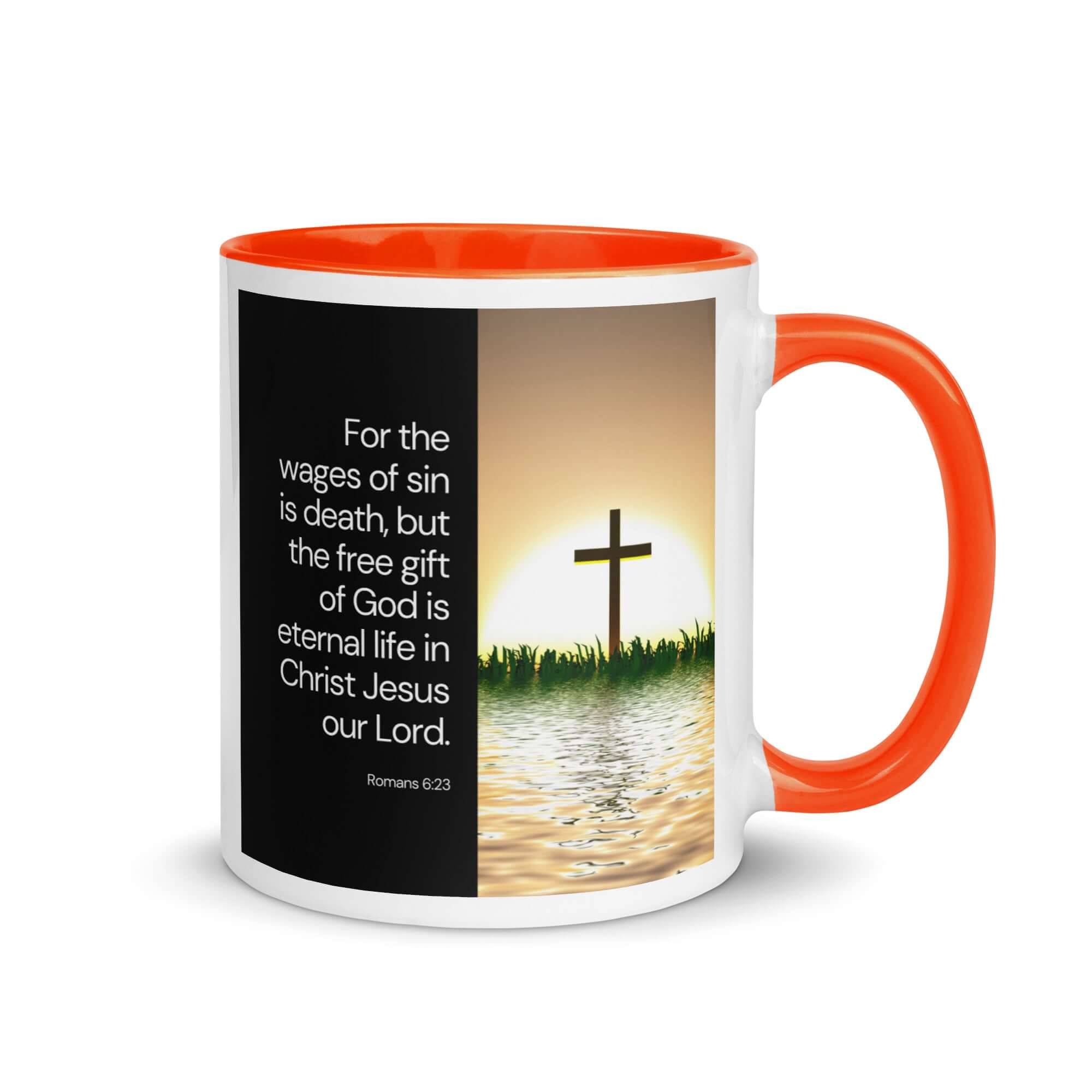 Romans 6:23 Bible Verse, the wages White Ceramic Mug with Color Inside Orange 11 oz