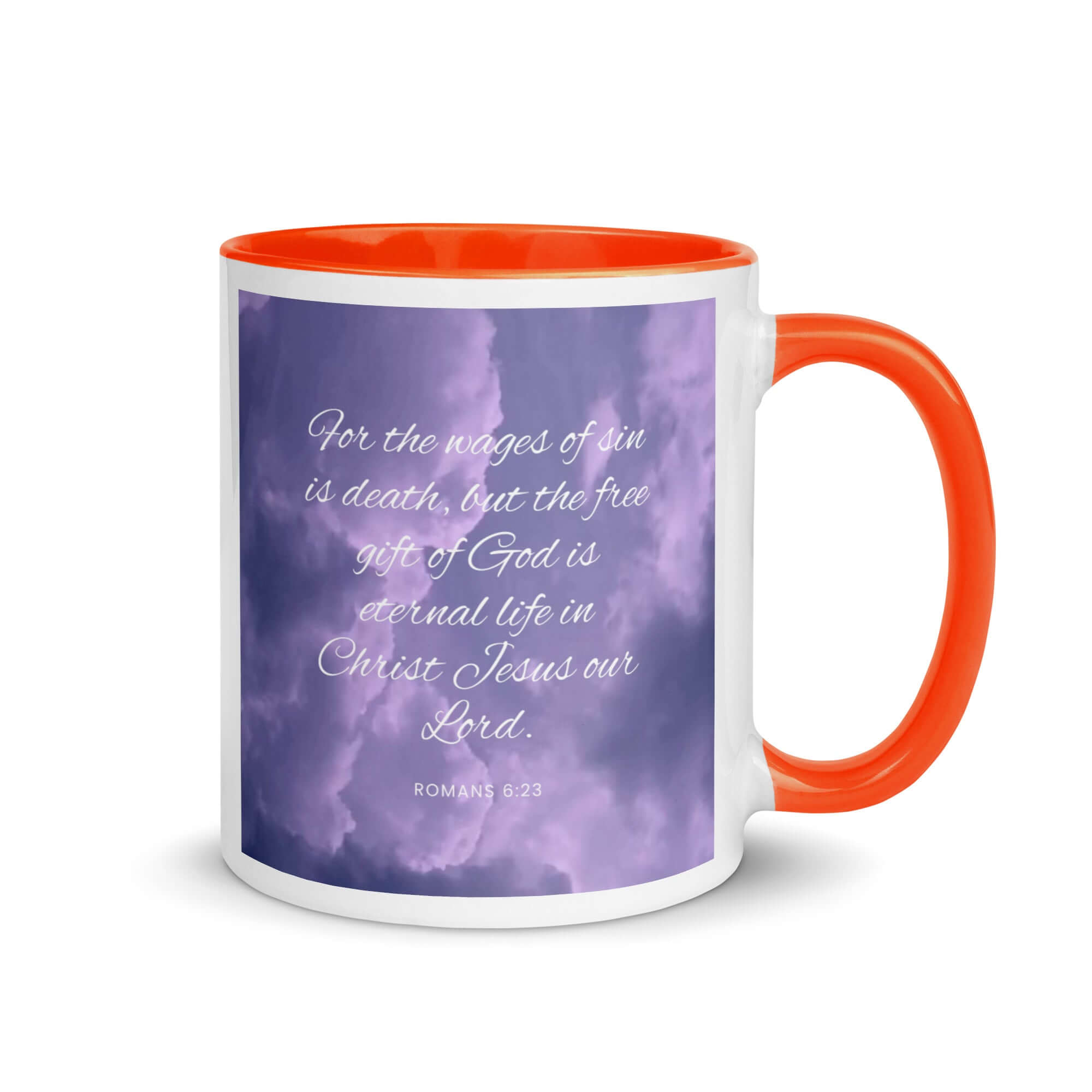 Romans 6:23 Bible Verse, free gift White Ceramic Mug with Color Inside Orange 11 oz