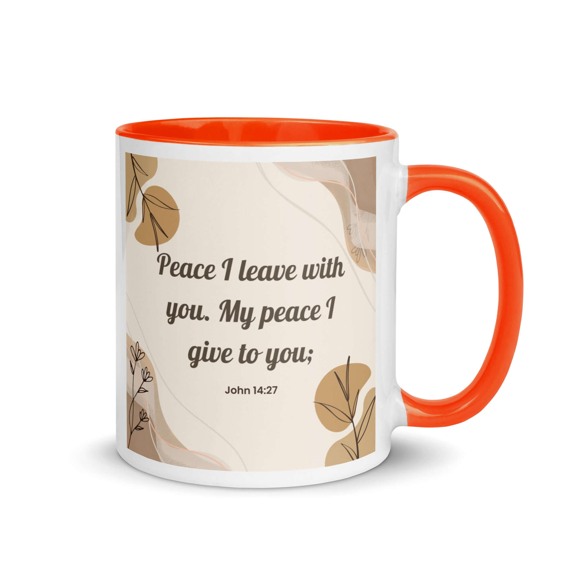 John 14:27 Bible Verse, Peace I White Ceramic Mug with Color Inside Orange 11 oz