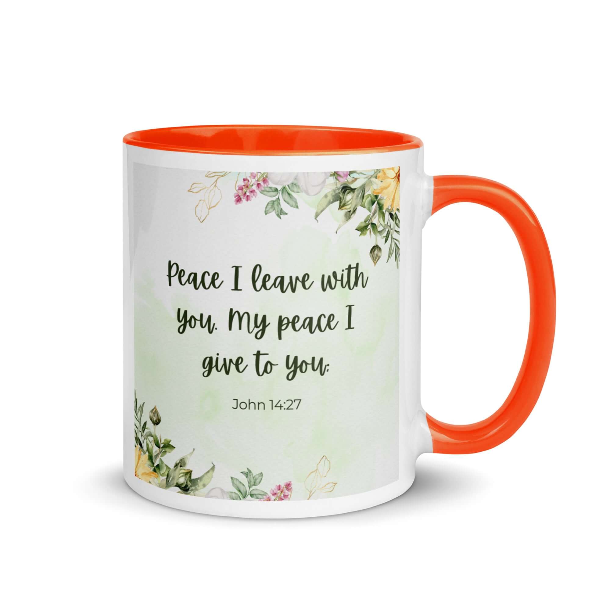 John 14:27 Bible Verse, My peace White Ceramic Mug with Color Inside Orange 11 oz