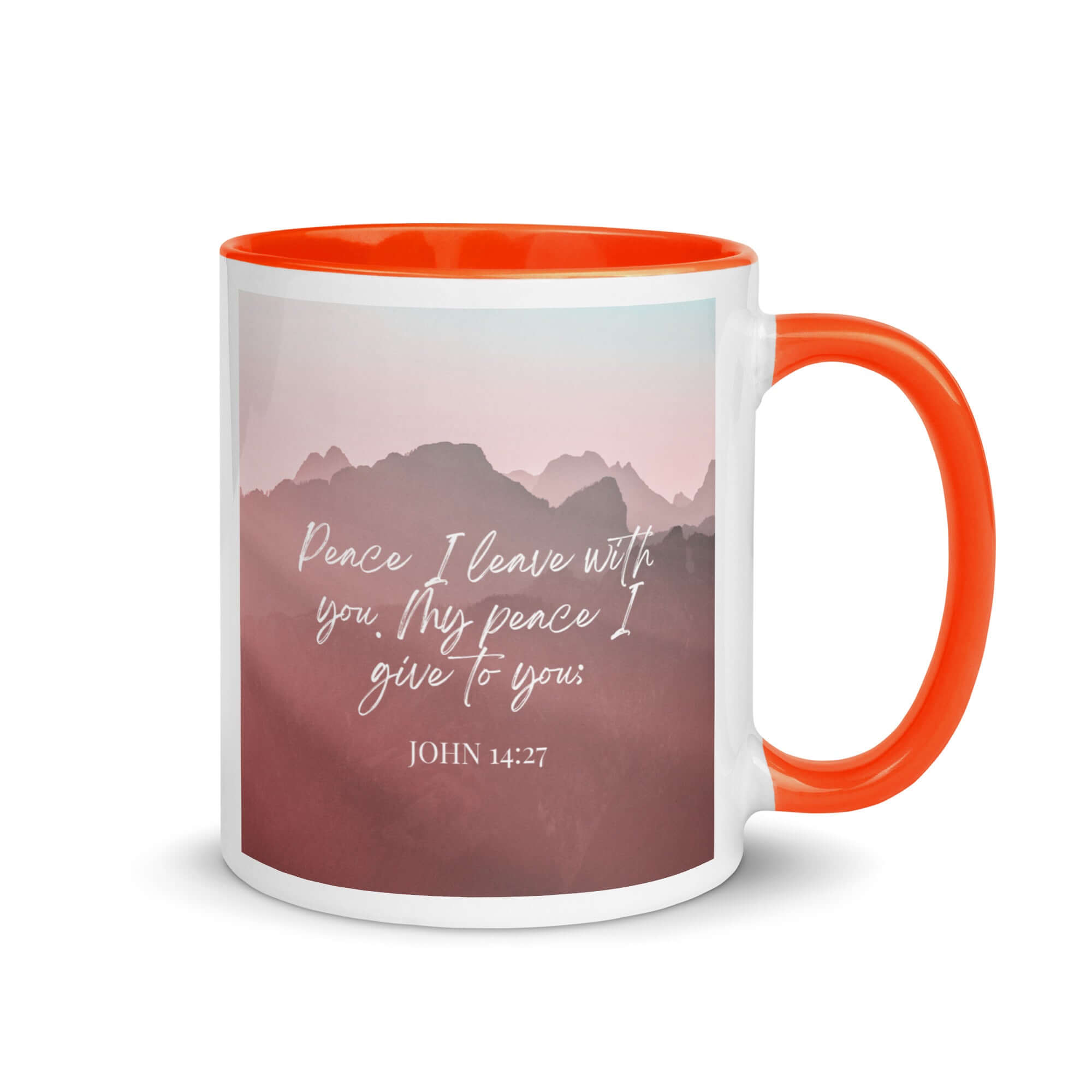 John 14:27 Bible Verse, I give you White Ceramic Mug with Color Inside Orange 11 oz