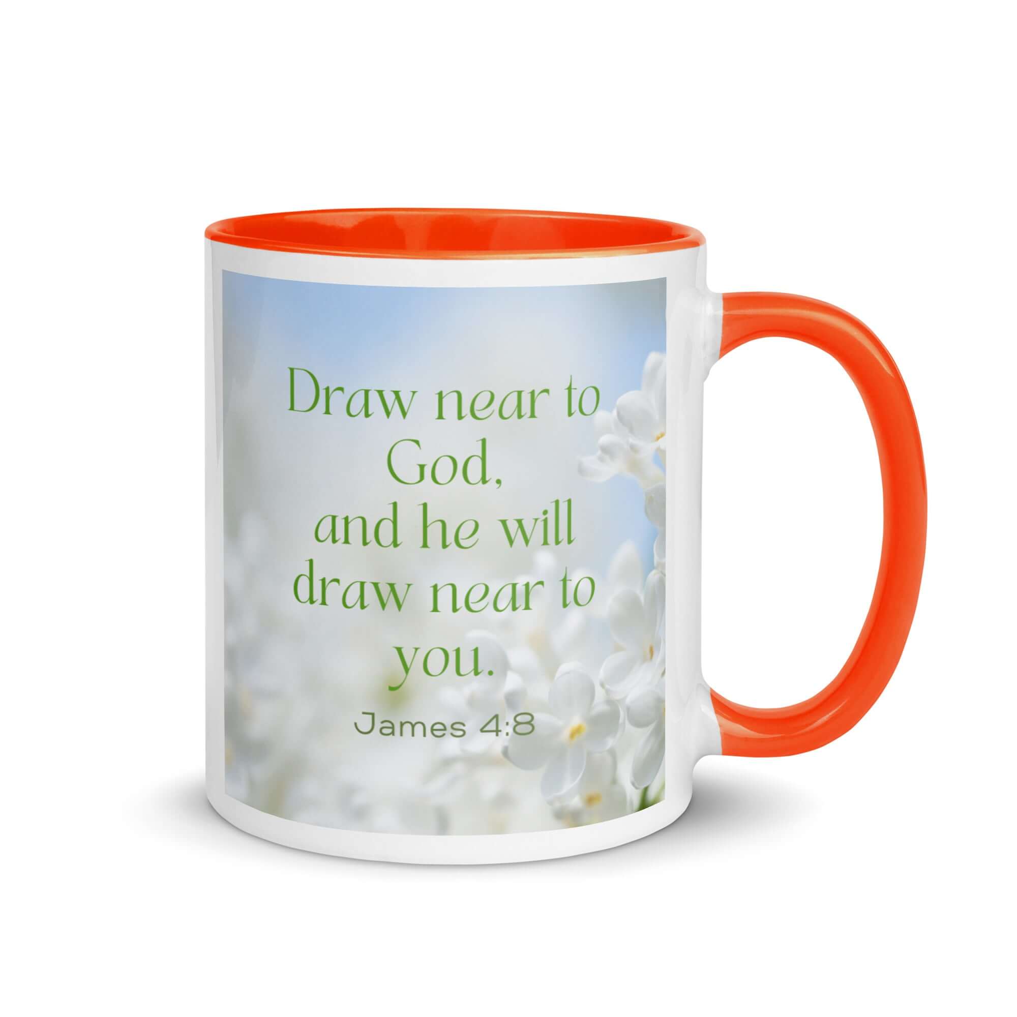 James 4:8 Bible Verse, Draw near White Ceramic Mug with Color Inside Orange 11 oz