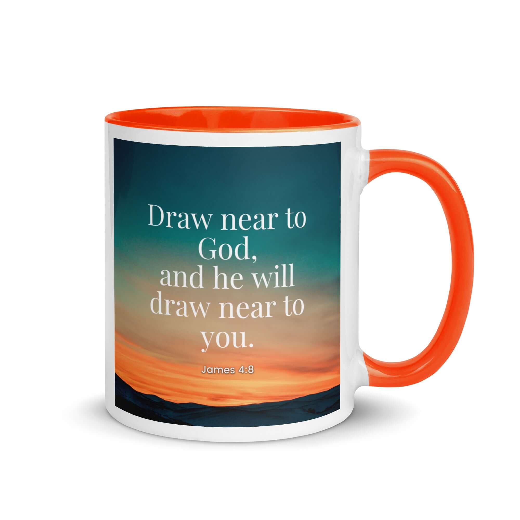 James 4:8 Bible Verse, near to God White Ceramic Mug with Color Inside Orange 11 oz