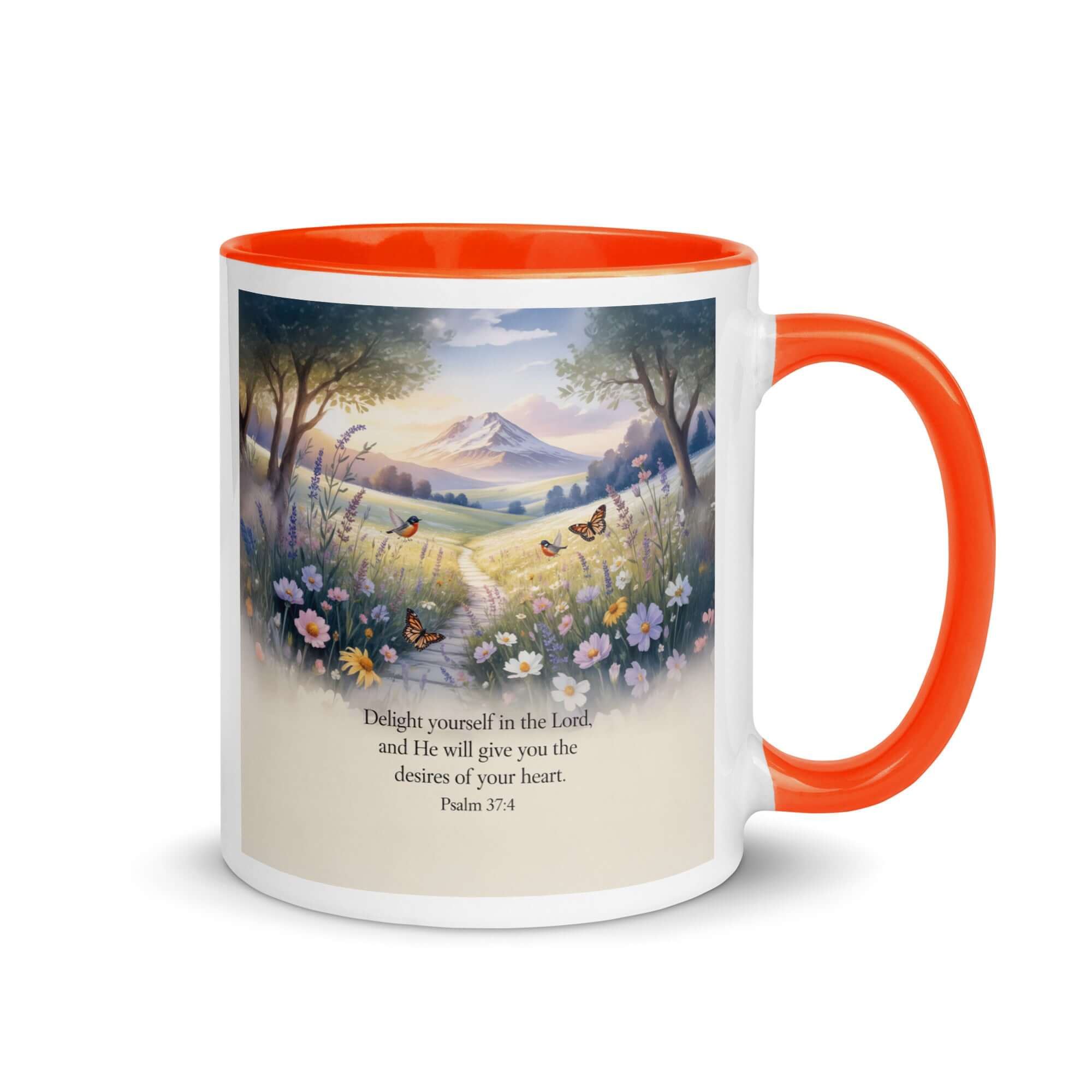 Psalm 37:4 Bible Verse, Delight White Ceramic Mug with Color Inside Orange 11 oz