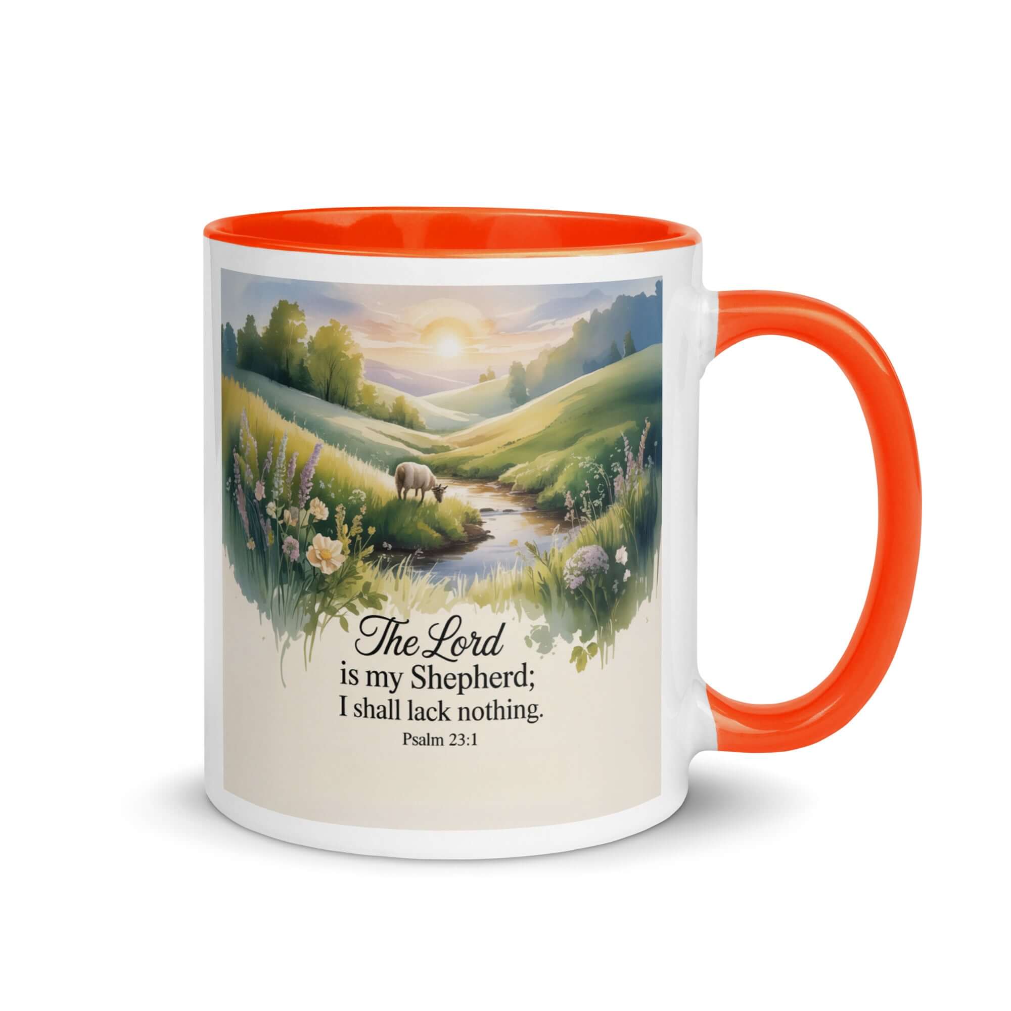 Psalm 23:1 Bible Verse, Lord White Ceramic Mug with Color Inside Orange 11 oz