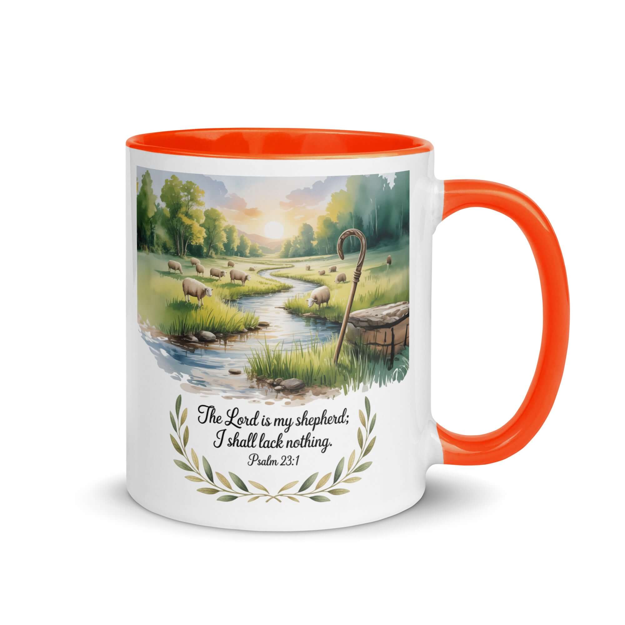 Psalm 23:1 Bible Verse, is my White Ceramic Mug with Color Inside Orange 11 oz