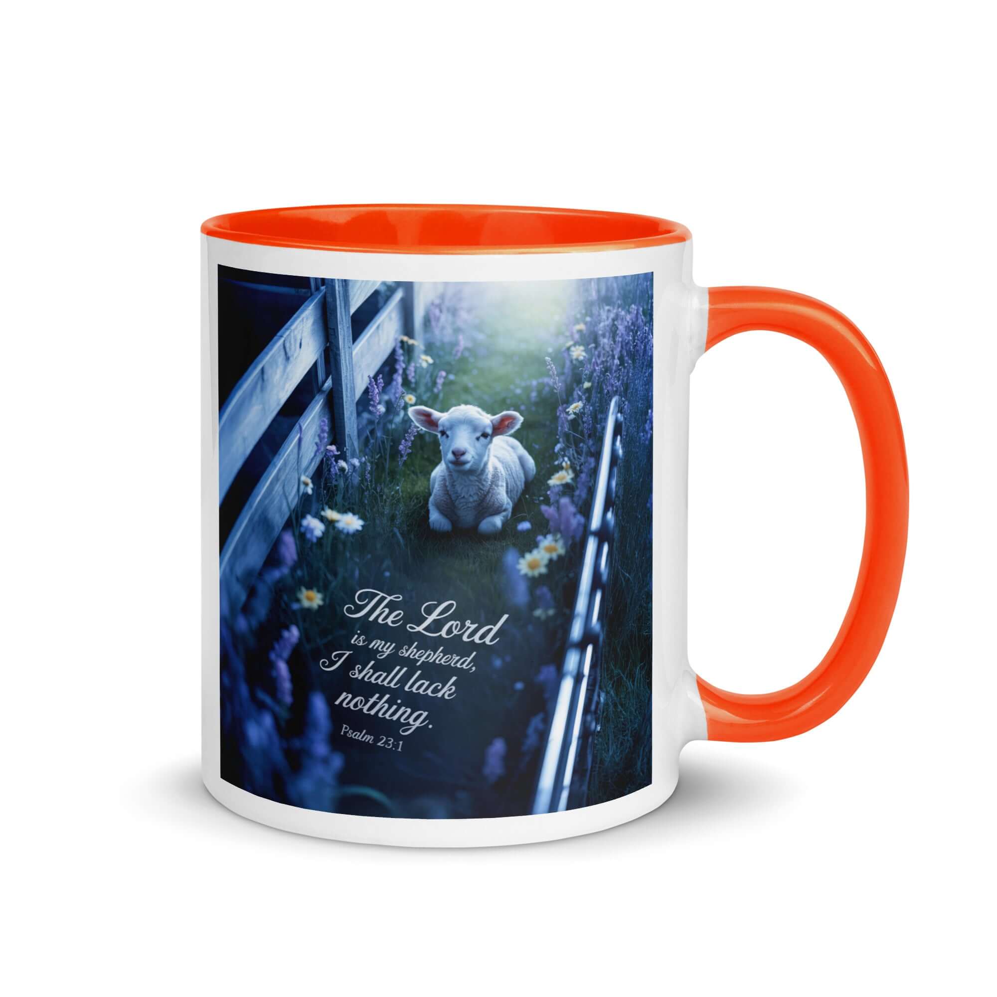 Psalm 23:1 Bible Verse, Shepherd White Ceramic Mug with Color Inside Orange 11 oz