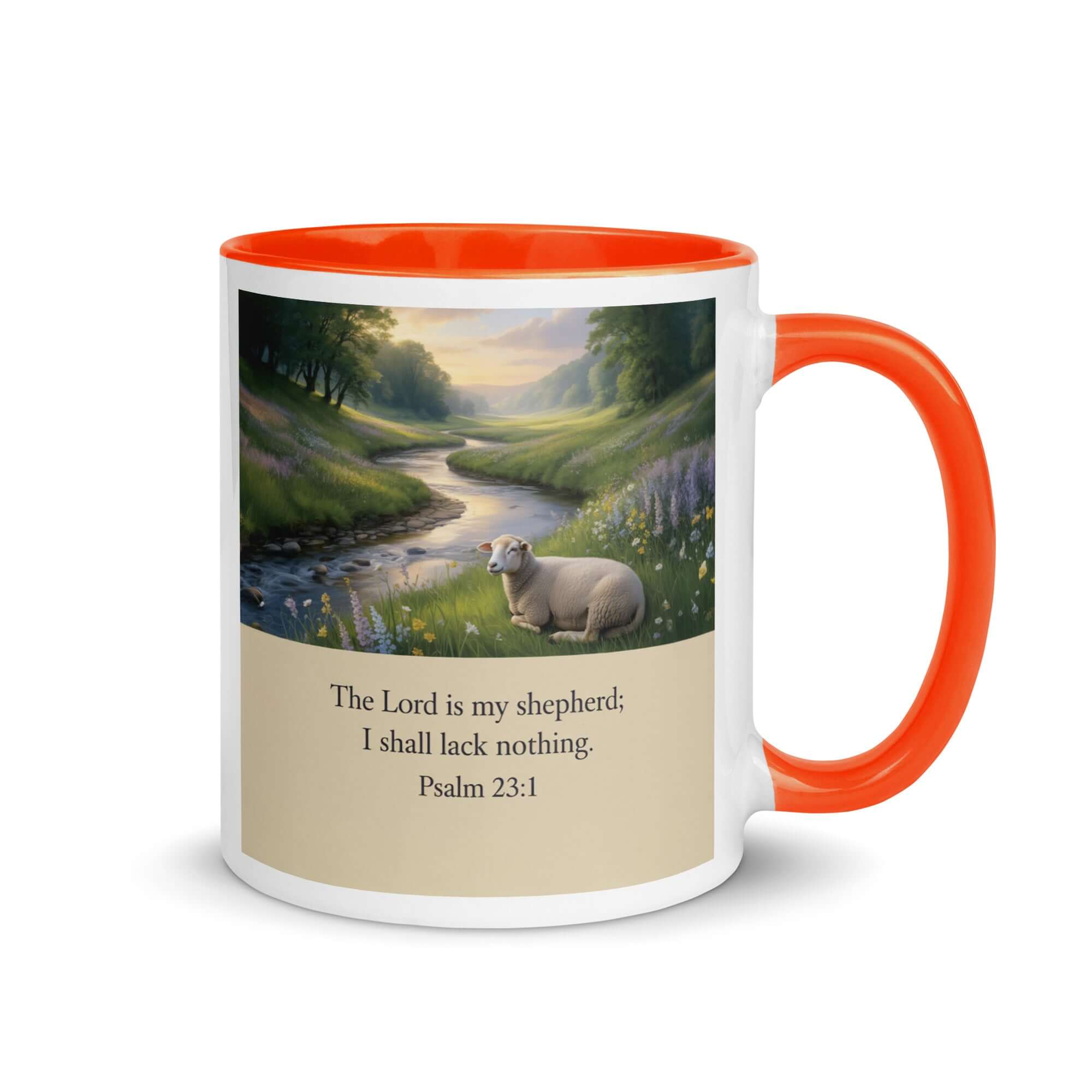Psalm 23:1 Bible Verse, I shall White Ceramic Mug with Color Inside Orange 11 oz