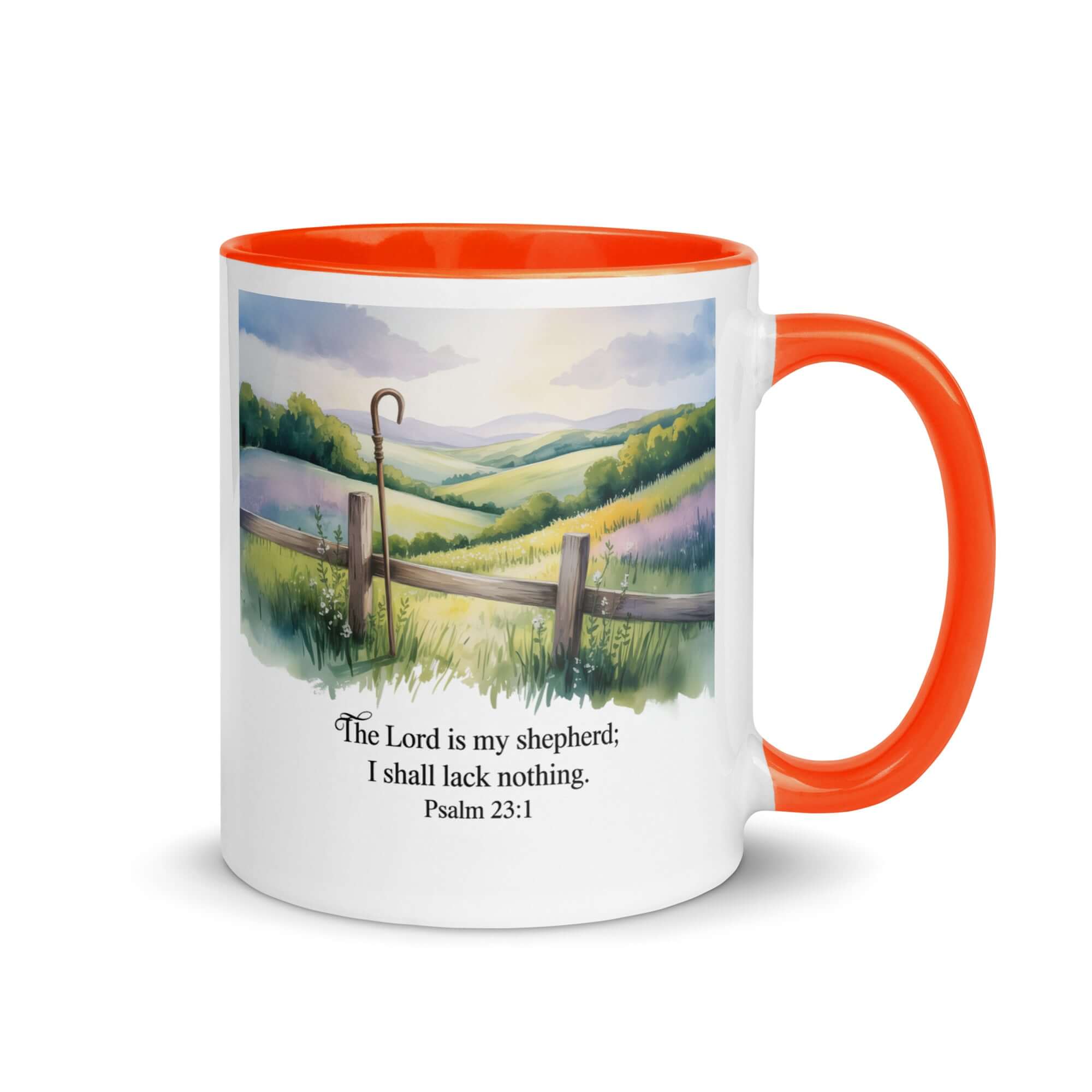 Psalm 23:1 Bible Verse, Lack White Ceramic Mug with Color Inside Orange 11 oz
