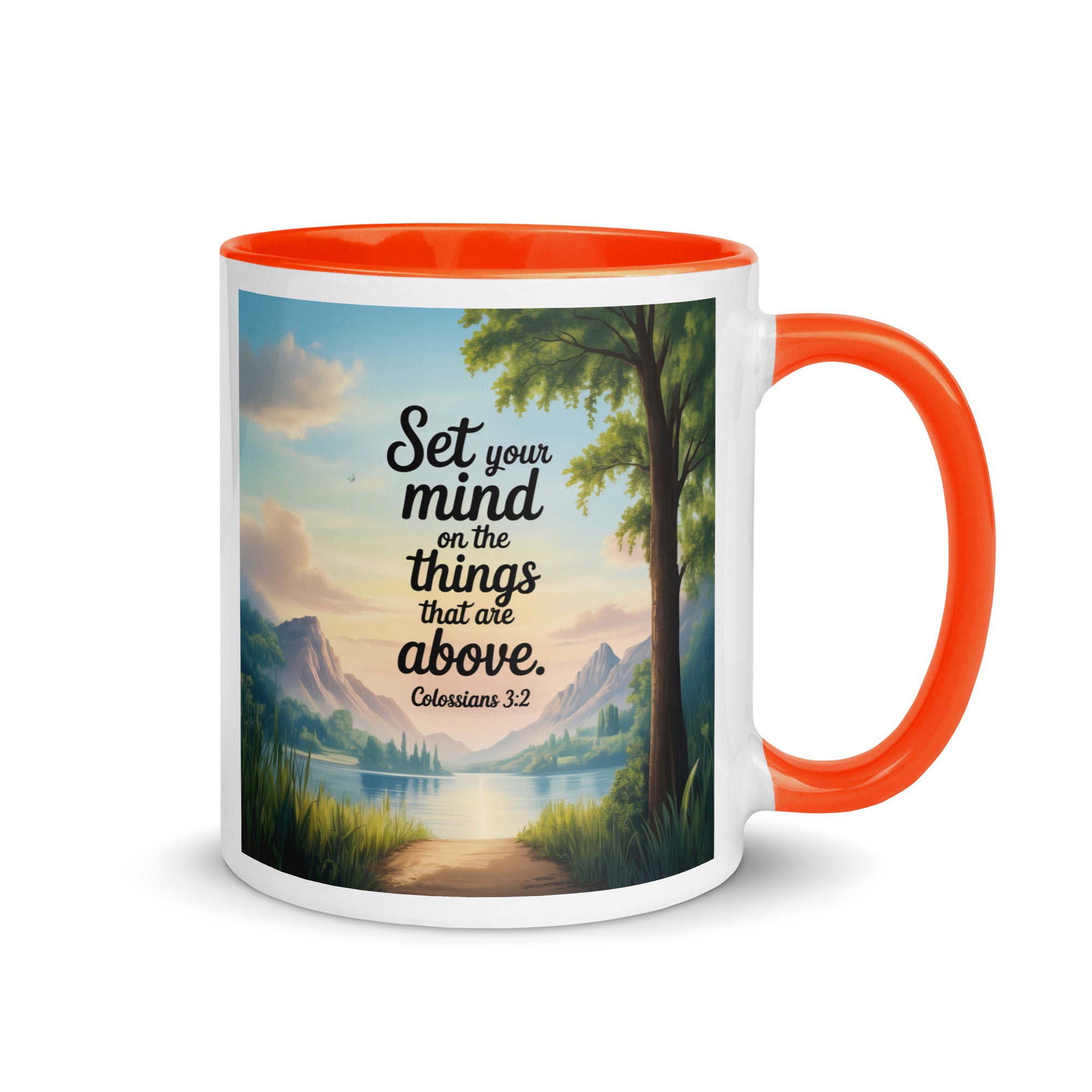 Colossians 3:2 Bible Verse Set White Ceramic Mug with Color Inside Orange 11 oz