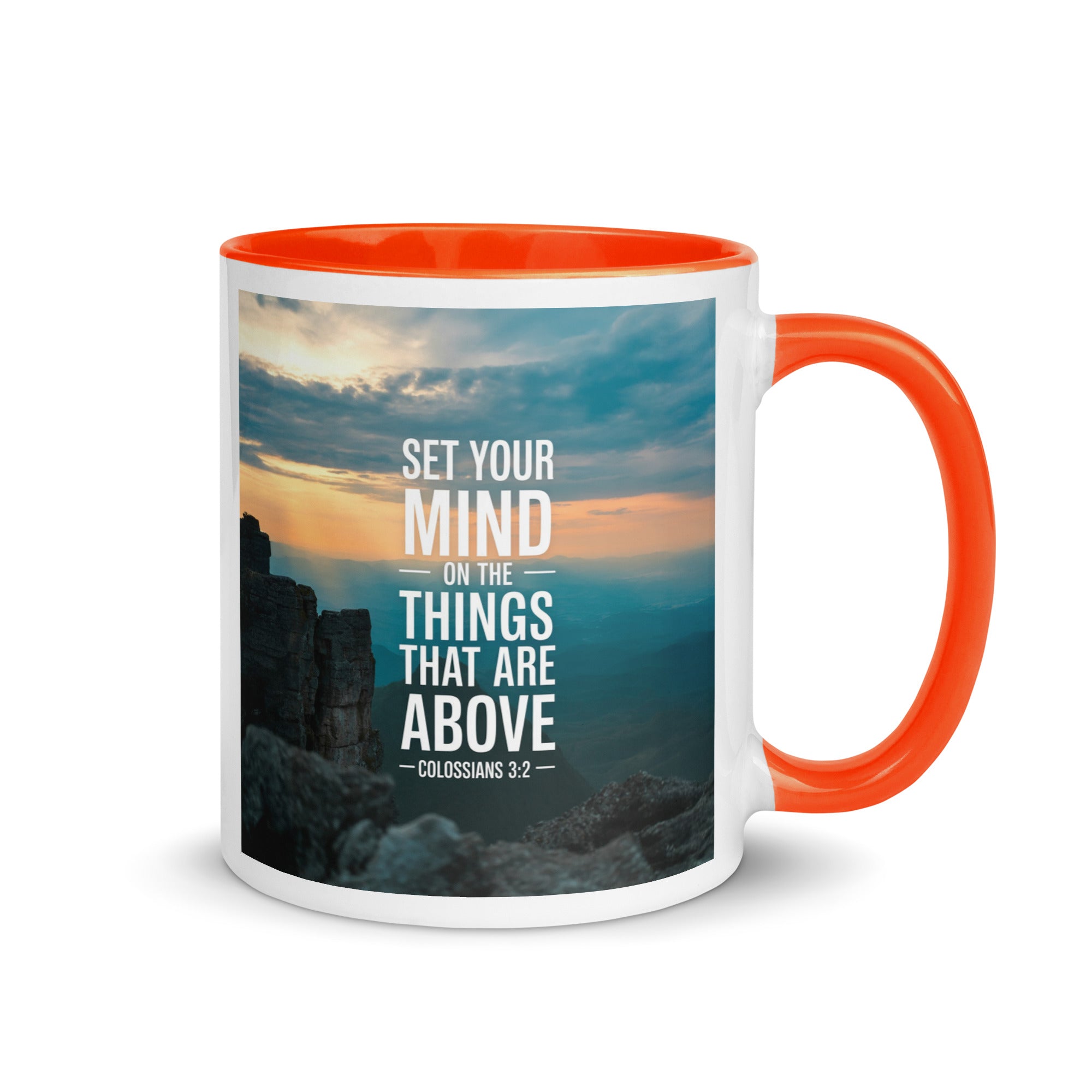 Colossians 3:2 Bible Verse on the White Ceramic Mug with Color Inside Orange 11 oz