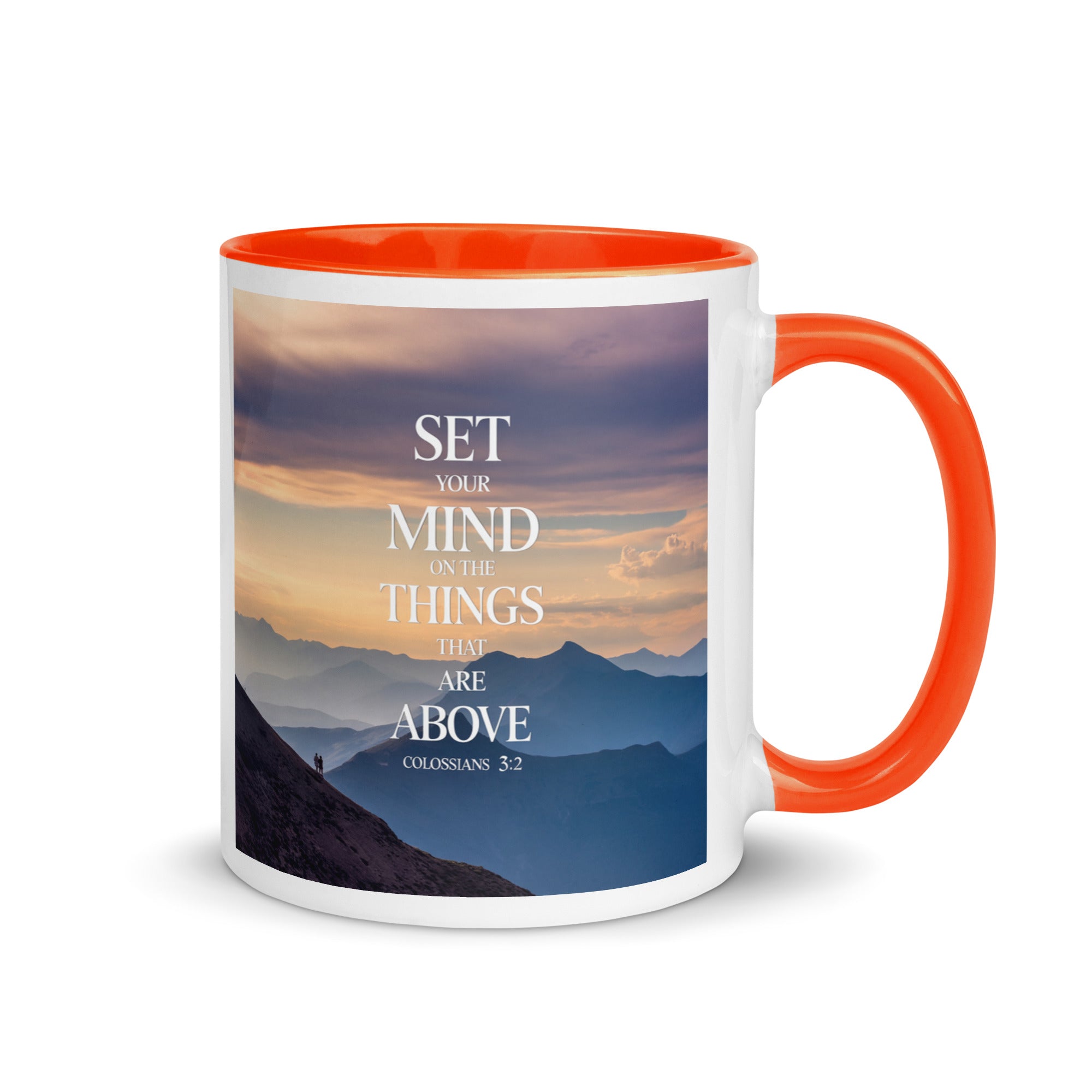 Colossians 3:2 Bible Verse things that White Ceramic Mug with Color Inside Orange 11 oz