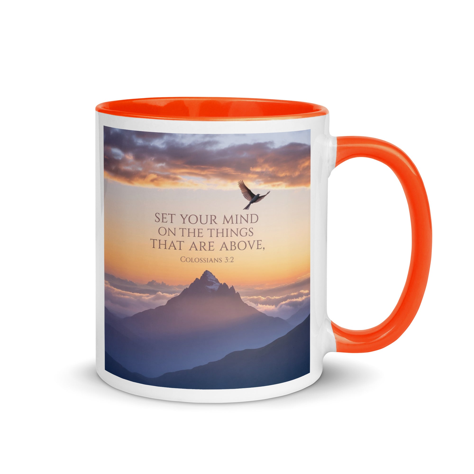 Colossians 3:2 Bible Verse are above White Ceramic Mug with Color Inside Orange 11 oz