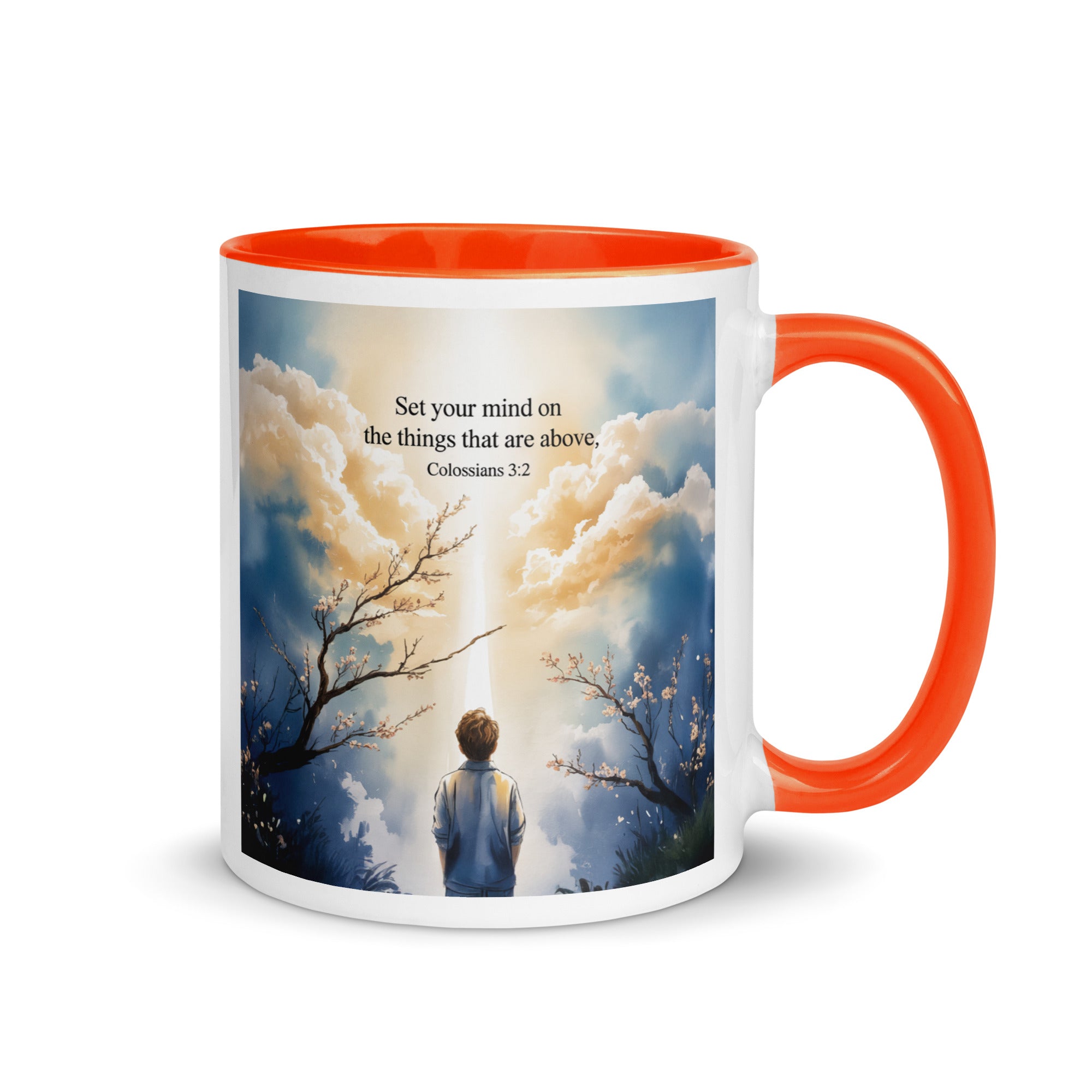 Colossians 3:2 Bible Verse the things White Ceramic Mug with Color Inside Orange 11 oz
