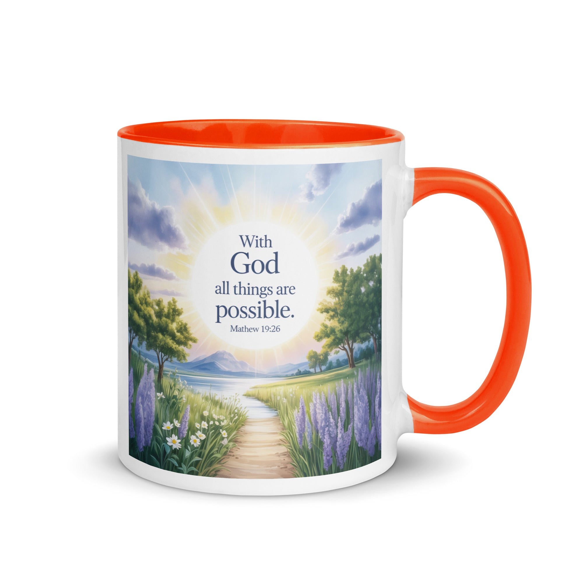 Matthew 19:26 Bible Verse Looking at White Ceramic Mug with Color Inside Orange 11 oz