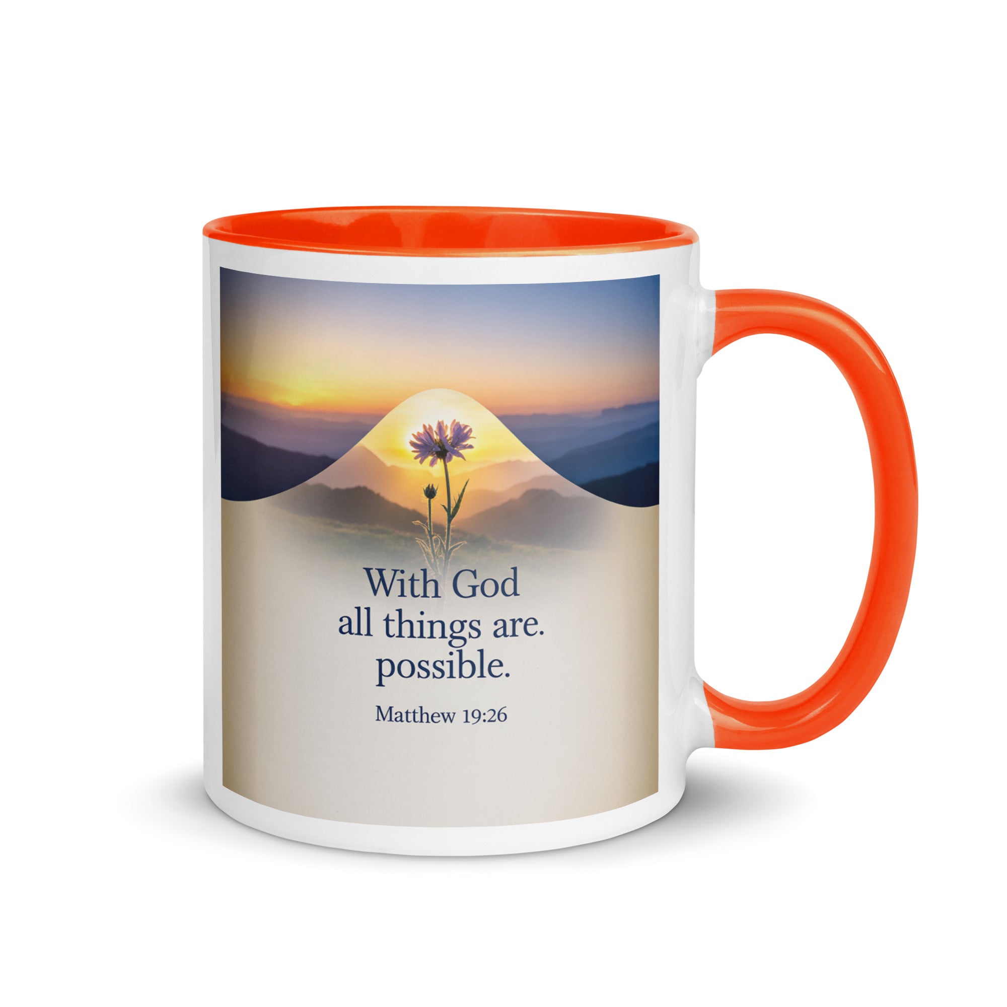 Matthew 19:26 Bible Verse at them White Ceramic Mug with Color Inside Orange 11 oz