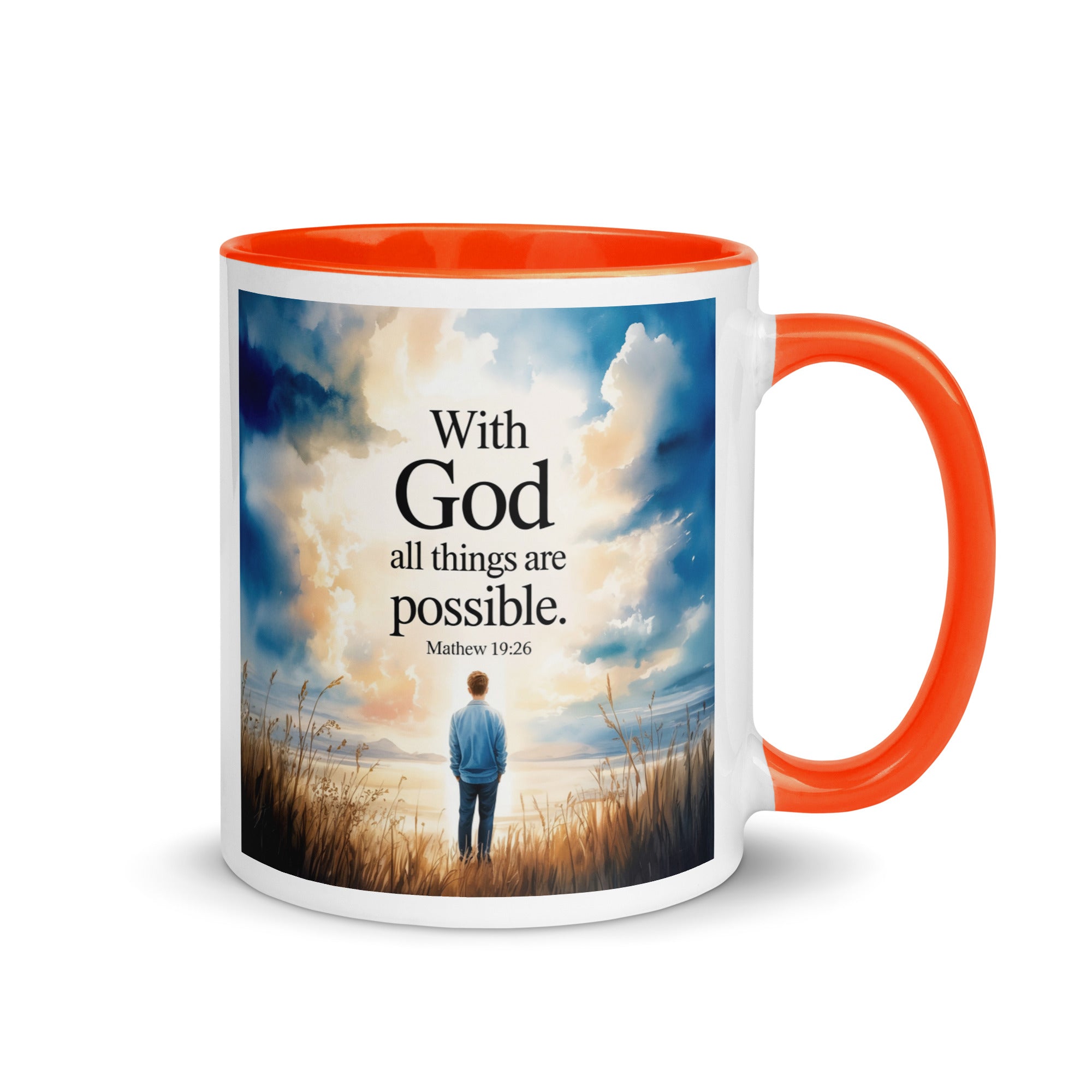 Matthew 19:26 Bible Verse Jesus White Ceramic Mug with Color Inside Orange 11 oz