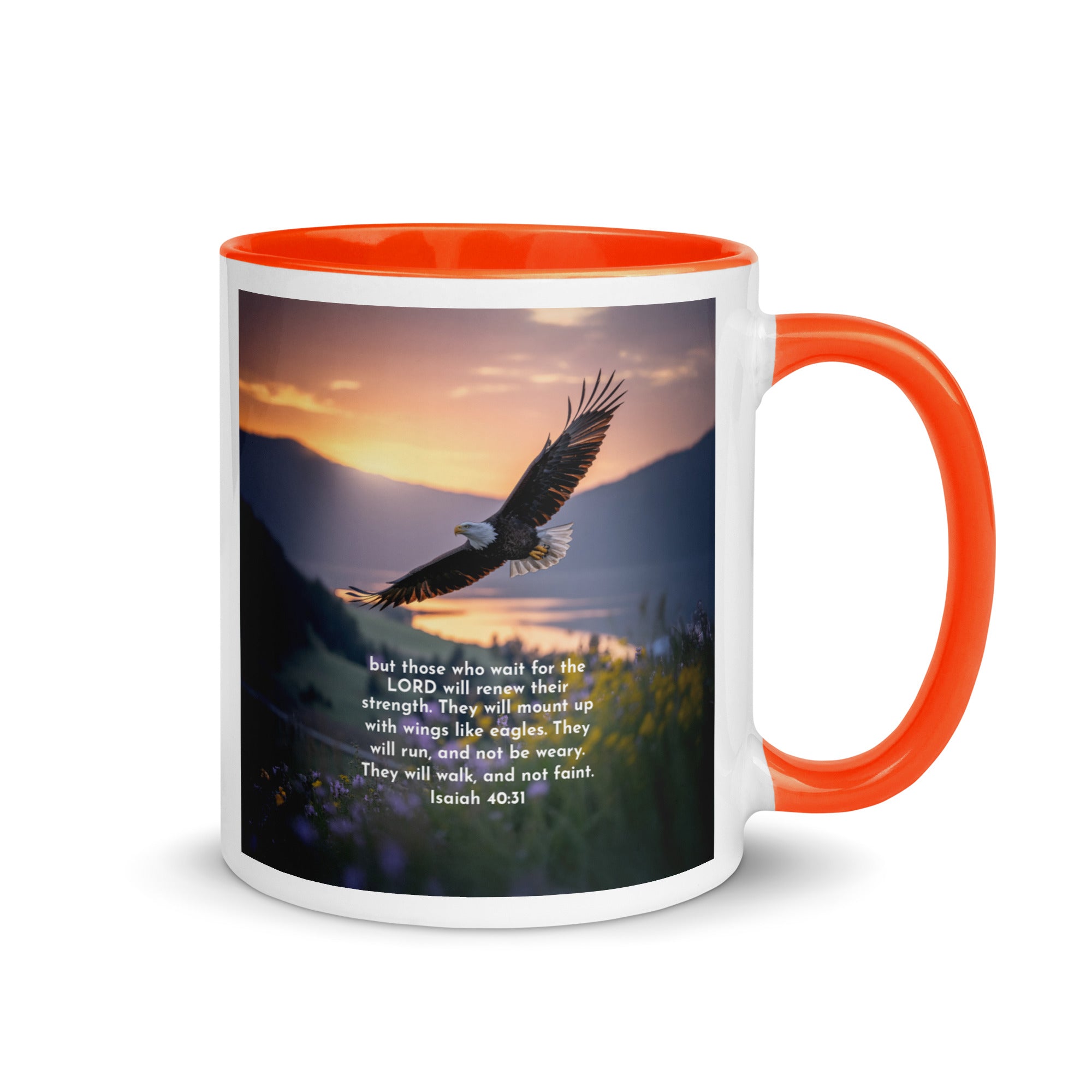 Isaiah 40:31 Bible Verse Renew Strength White Ceramic Mug with Color Inside Orange 11 oz