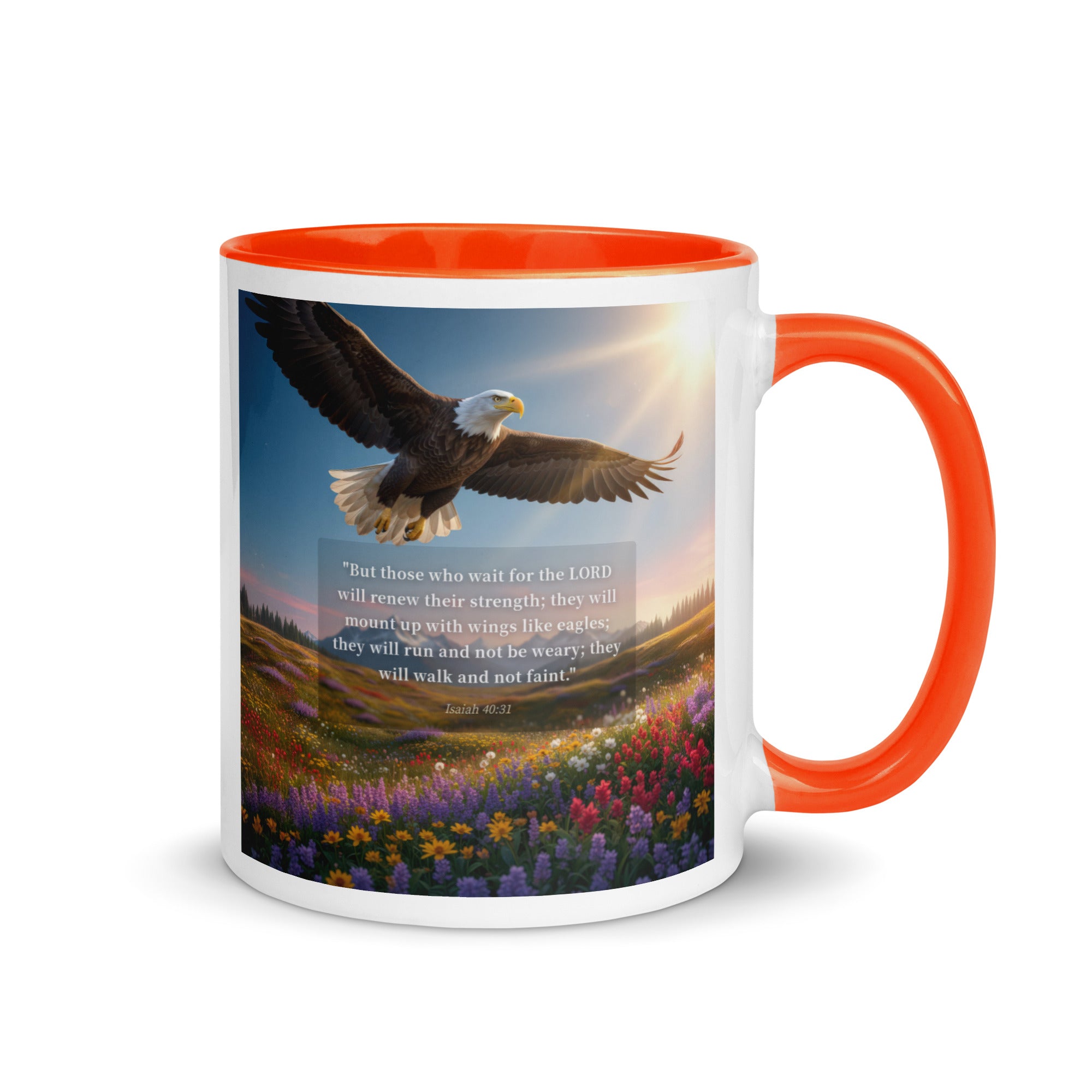 Isaiah 40:31 Bible Verse Who Wait White Ceramic Mug with Color Inside Orange 11 oz