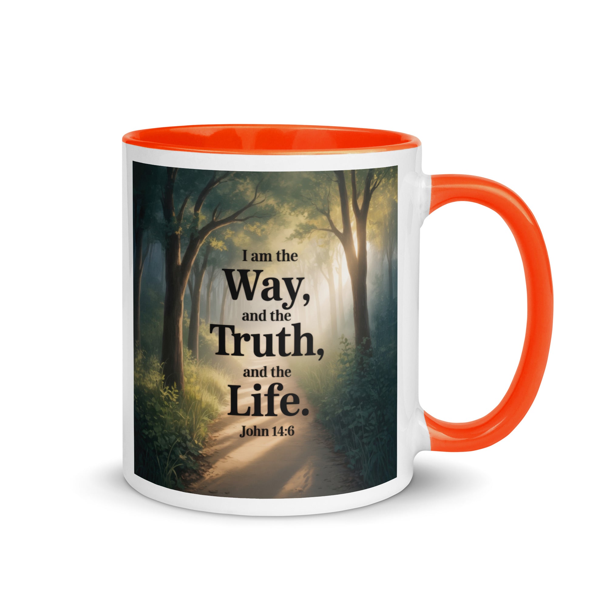 John 14:6 Bible Verse The Life White Ceramic Mug with Color Inside Orange 11 oz