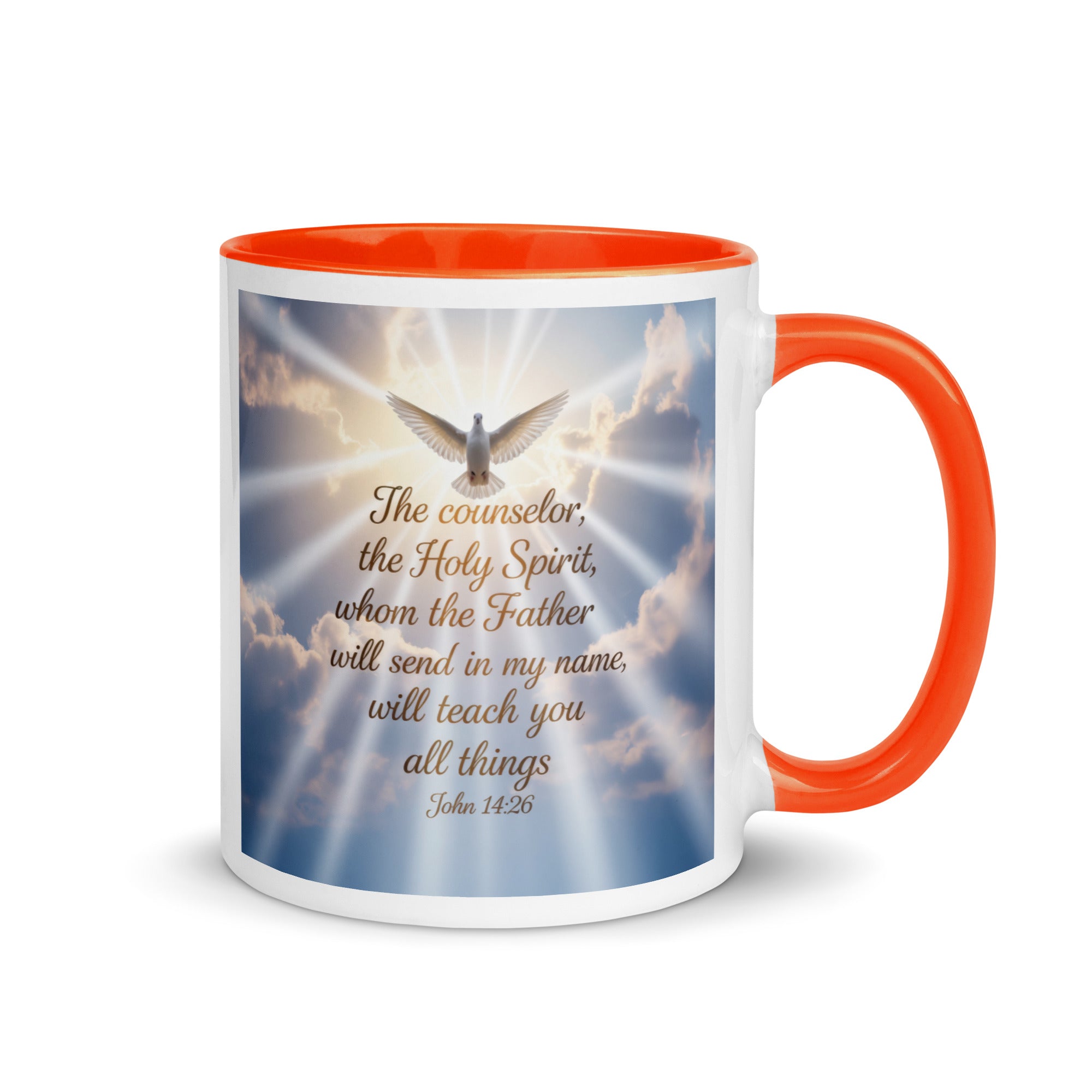 John 14:26 Bible Verse Father White Ceramic Mug with Color Inside Orange 11 oz
