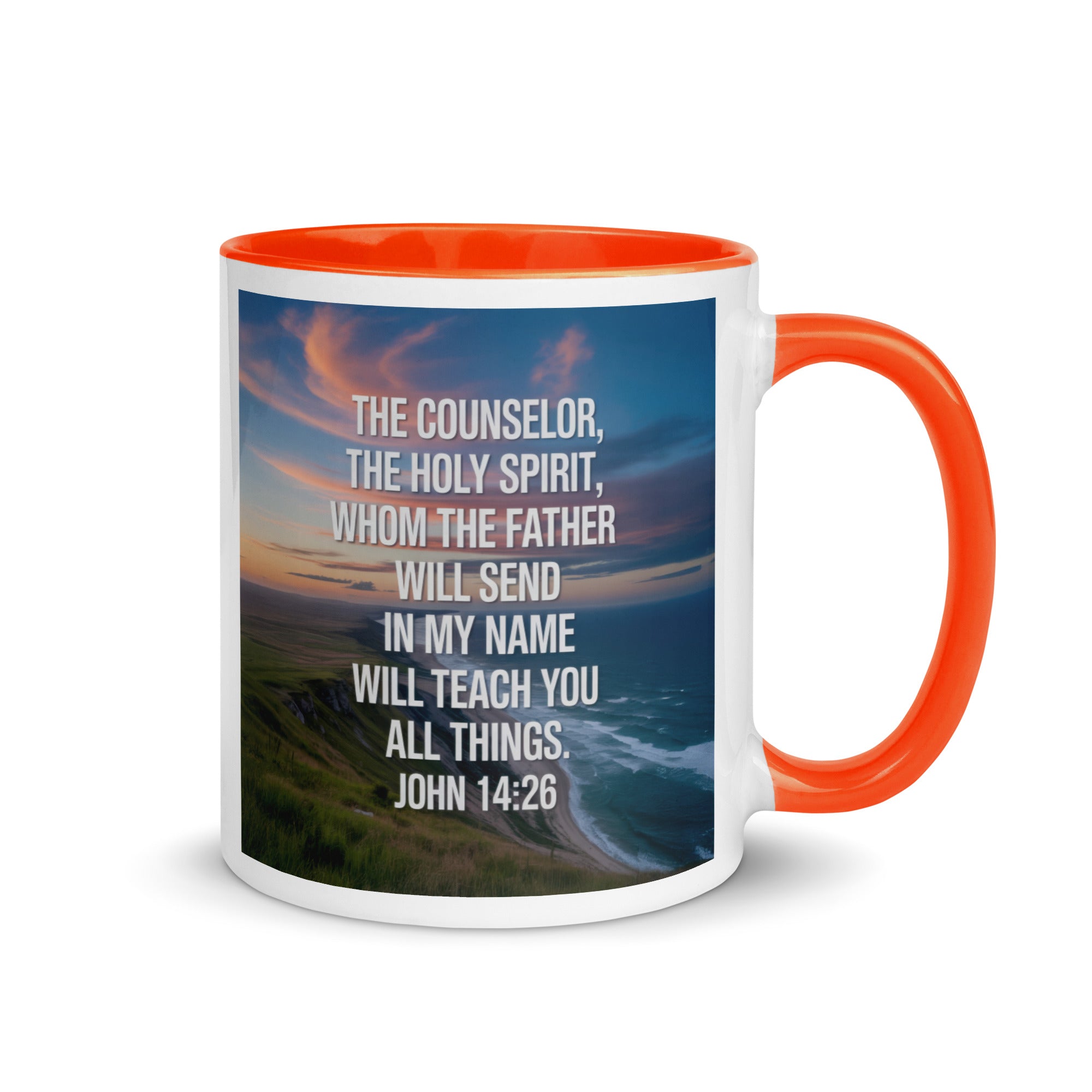 John 14:26 Bible Verse will teach White Ceramic Mug with Color Inside Orange 11 oz