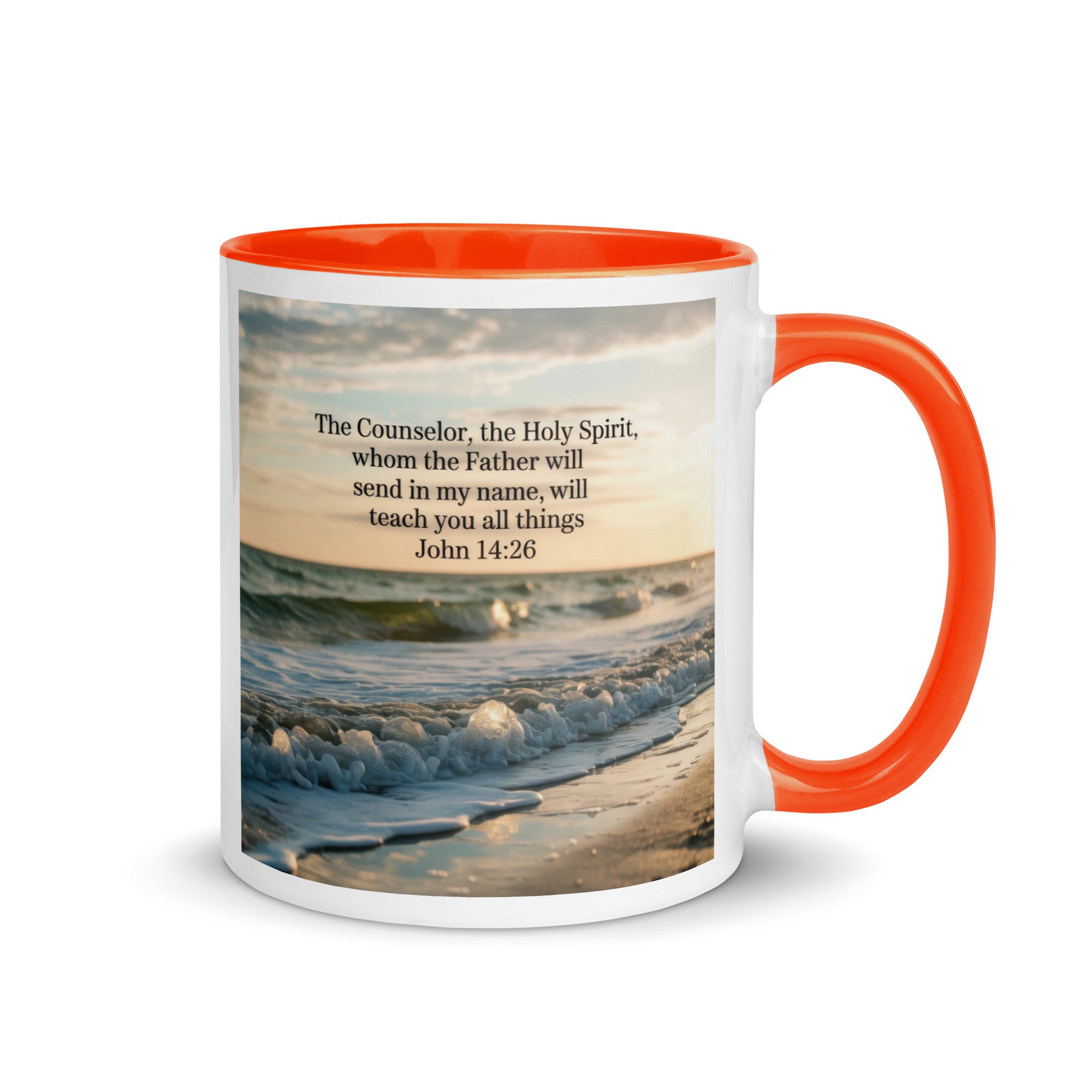 John 14:26 Bible Verse You All White Ceramic Mug with Color Inside Orange 11 oz