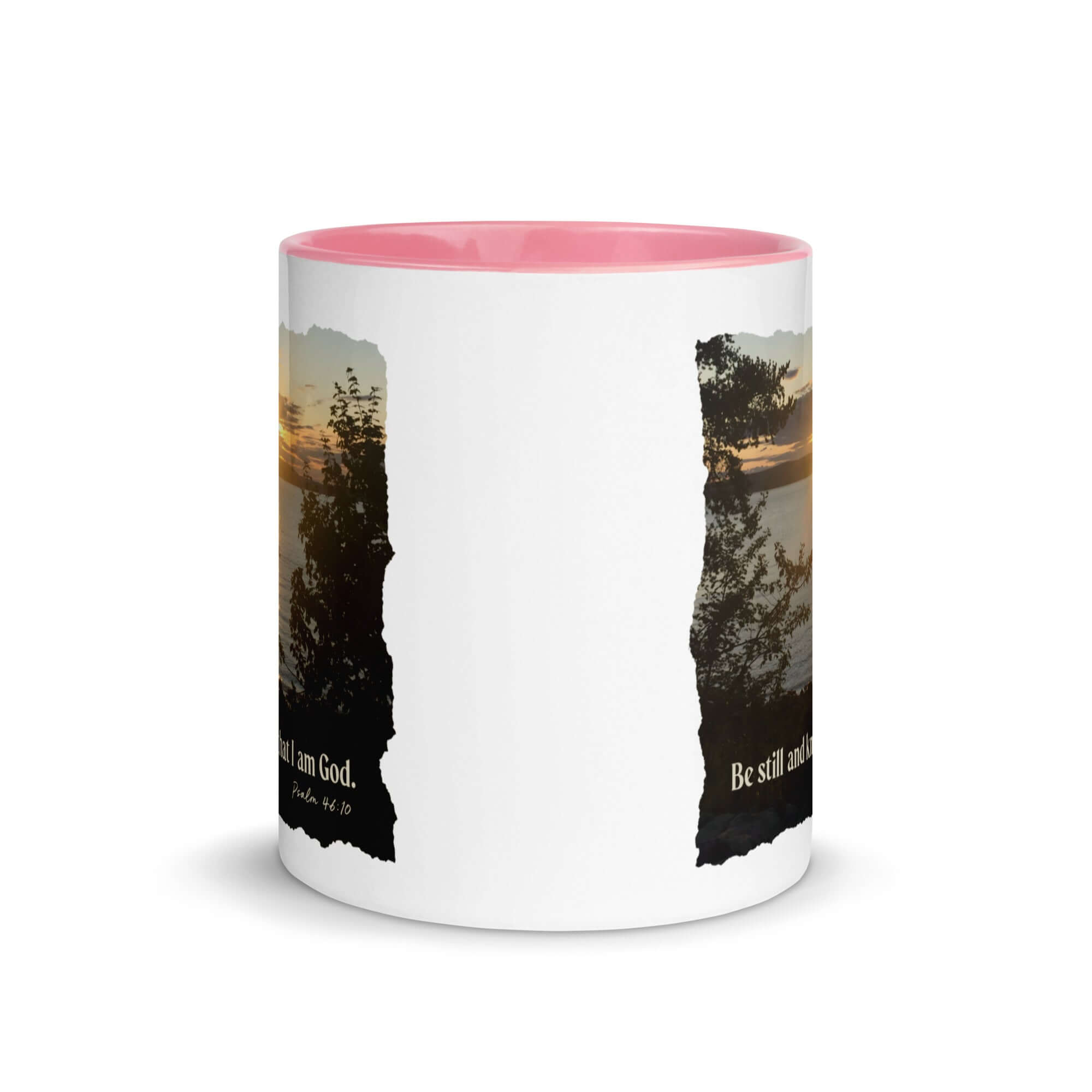 Psalm 46:10 Bible Verse, Sunset Glory White Ceramic Mug with Color Inside