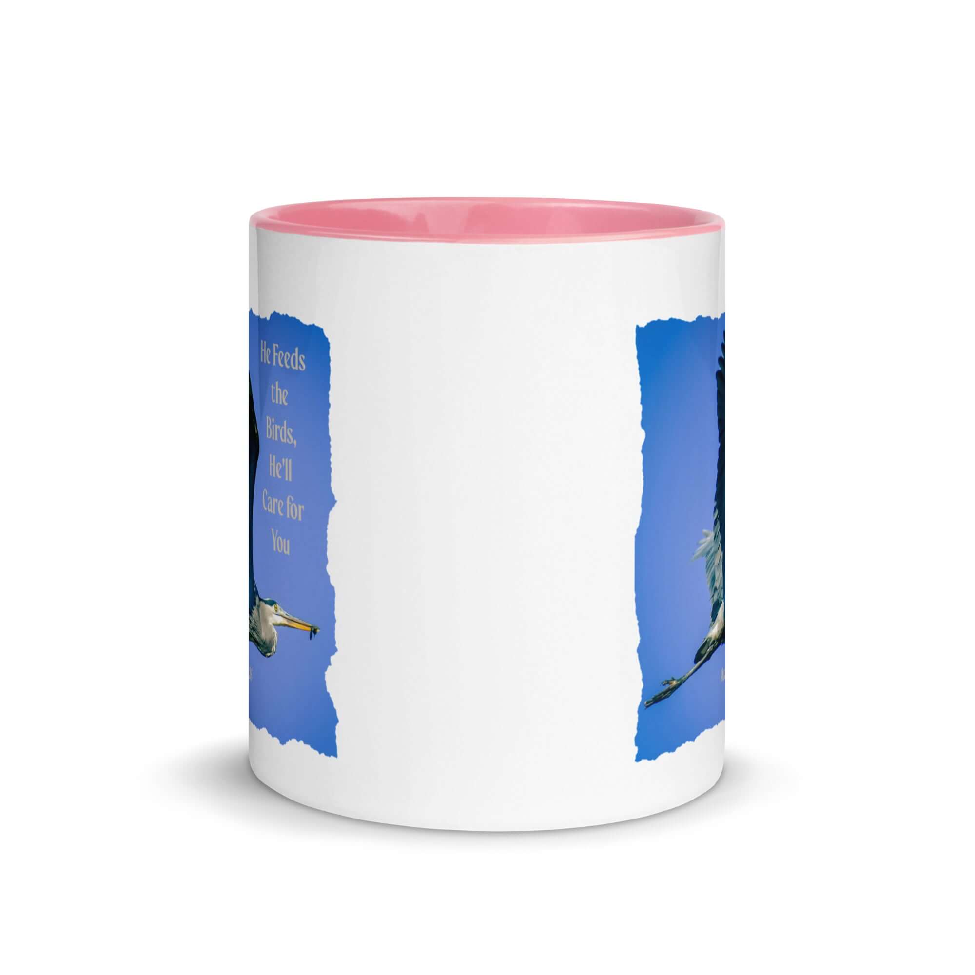 Matthew 6:26 Graceful Heron, He'll Care for You White Ceramic Mug with Color Inside