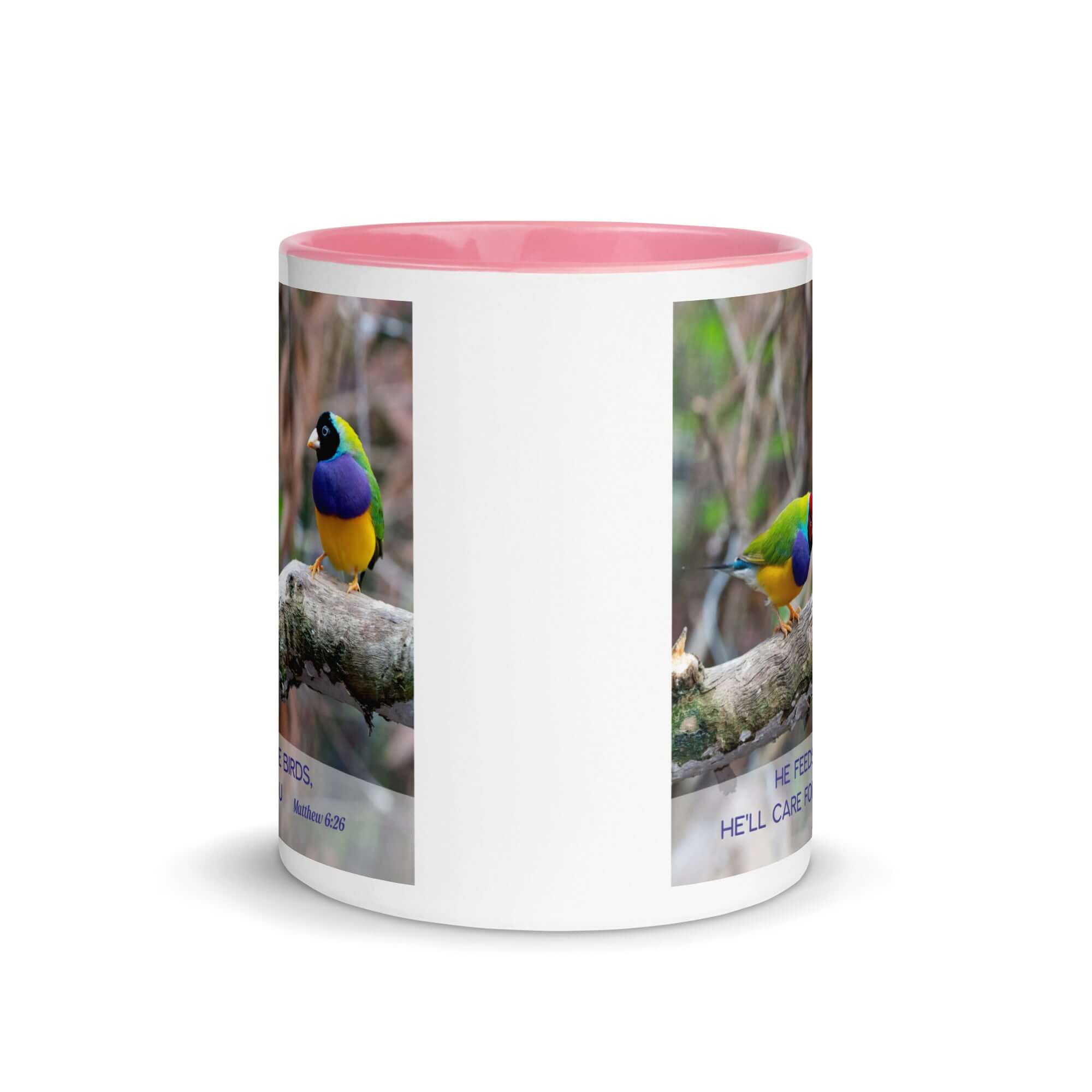 Matthew 6:26 Gouldian Finches, He'll Care for You White Ceramic Mug with Color Inside