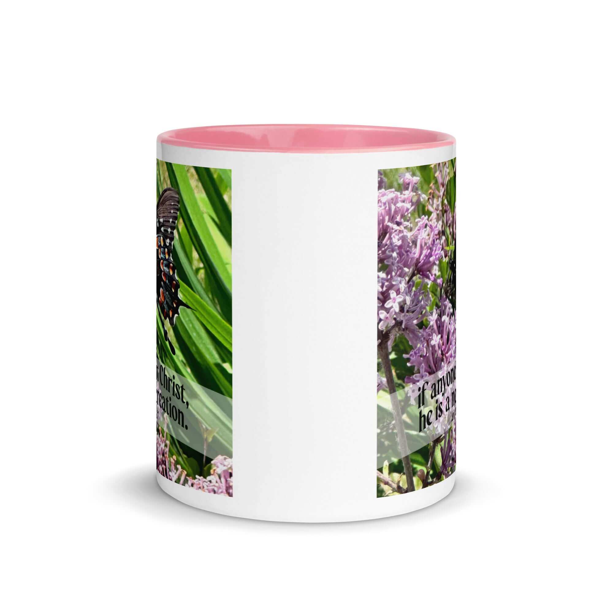 2 Corinthians 5:17 Bible Verse, Butterfly White Ceramic Mug with Color Inside