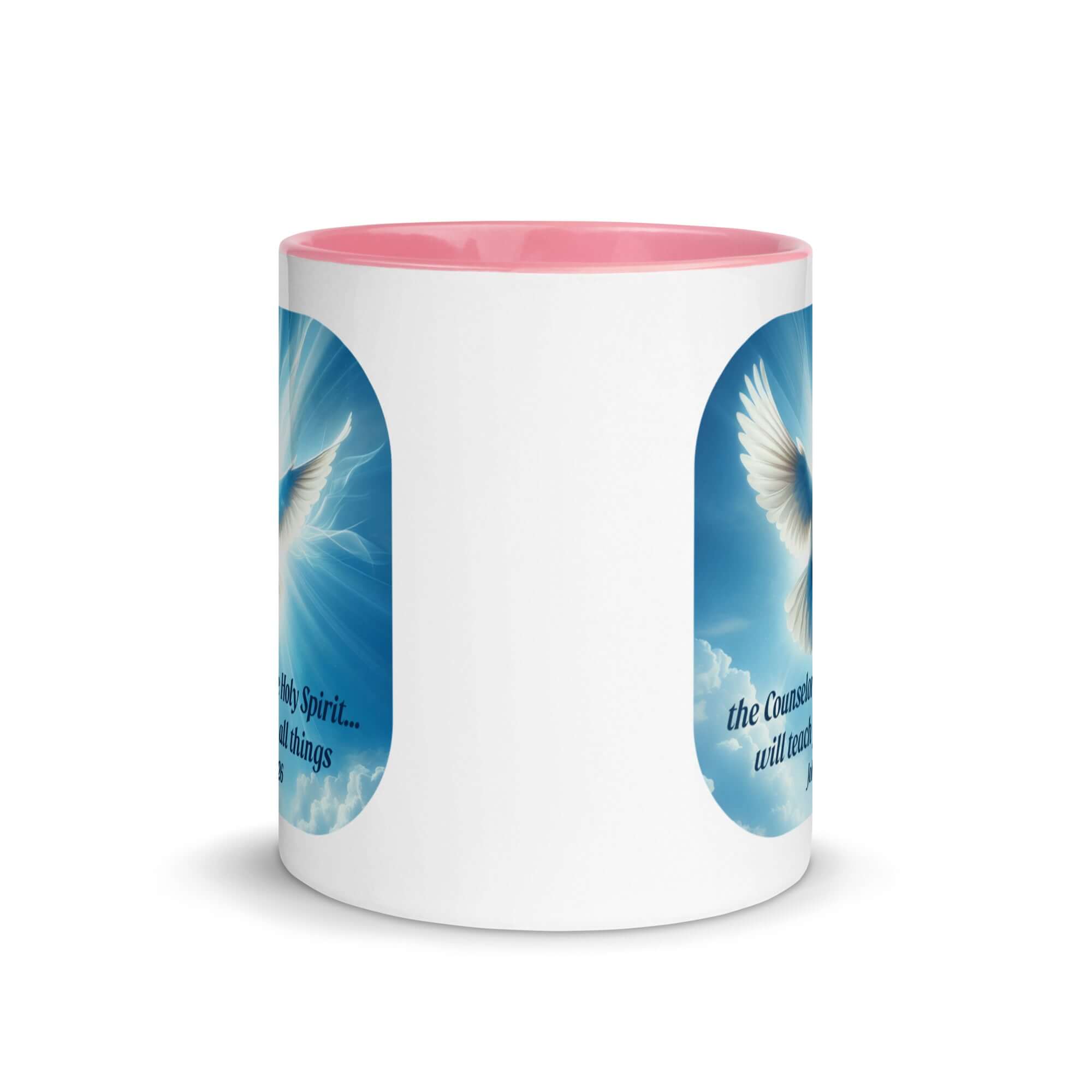 John 14:26 Bible Verse, Holy Spirit Dove White Ceramic Mug with Color Inside