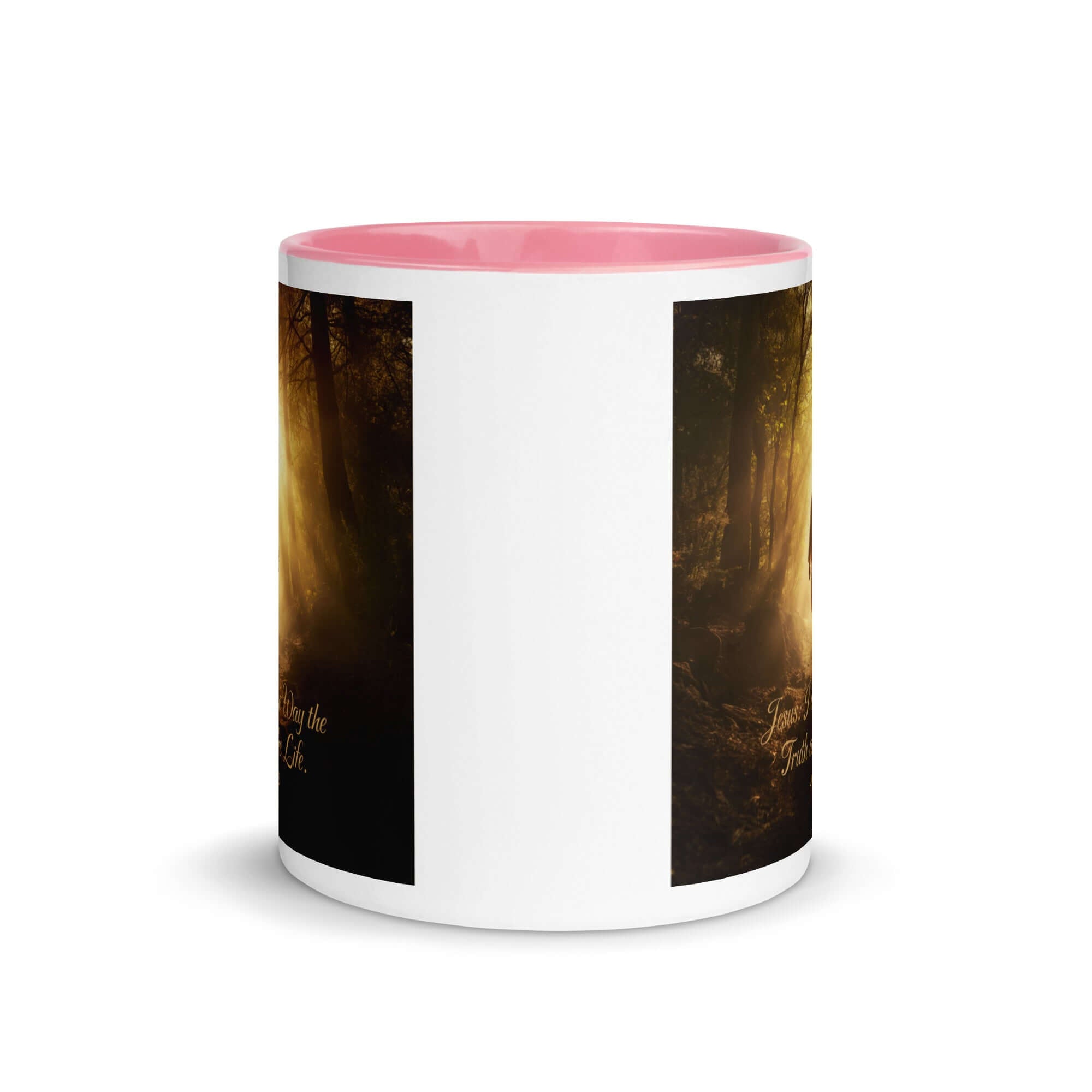 John 14:6 Bible Verse, Forest Image White Ceramic Mug with Color Inside