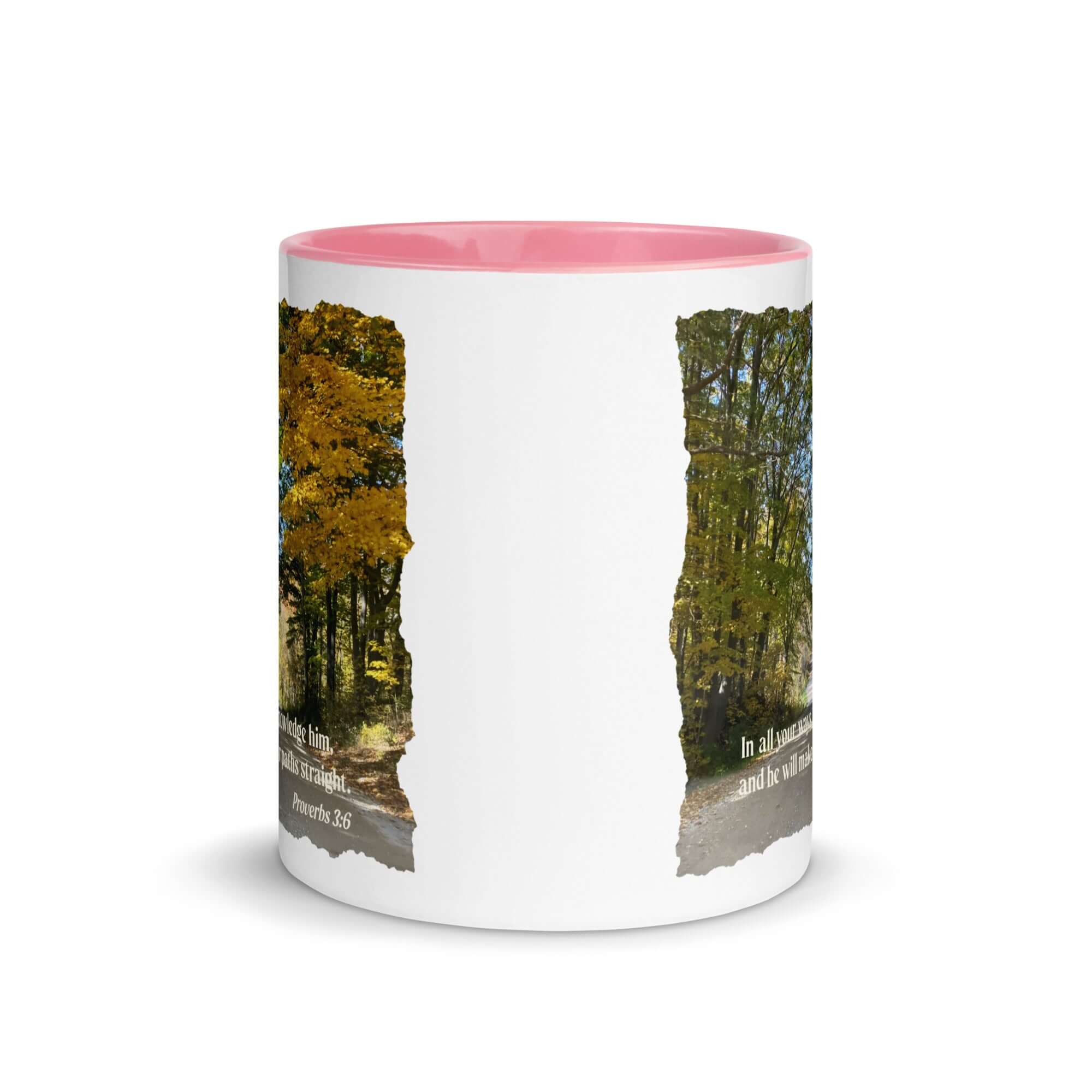 Proverbs 3:6 Bible Verse, Fall Road White Ceramic Mug with Color Inside