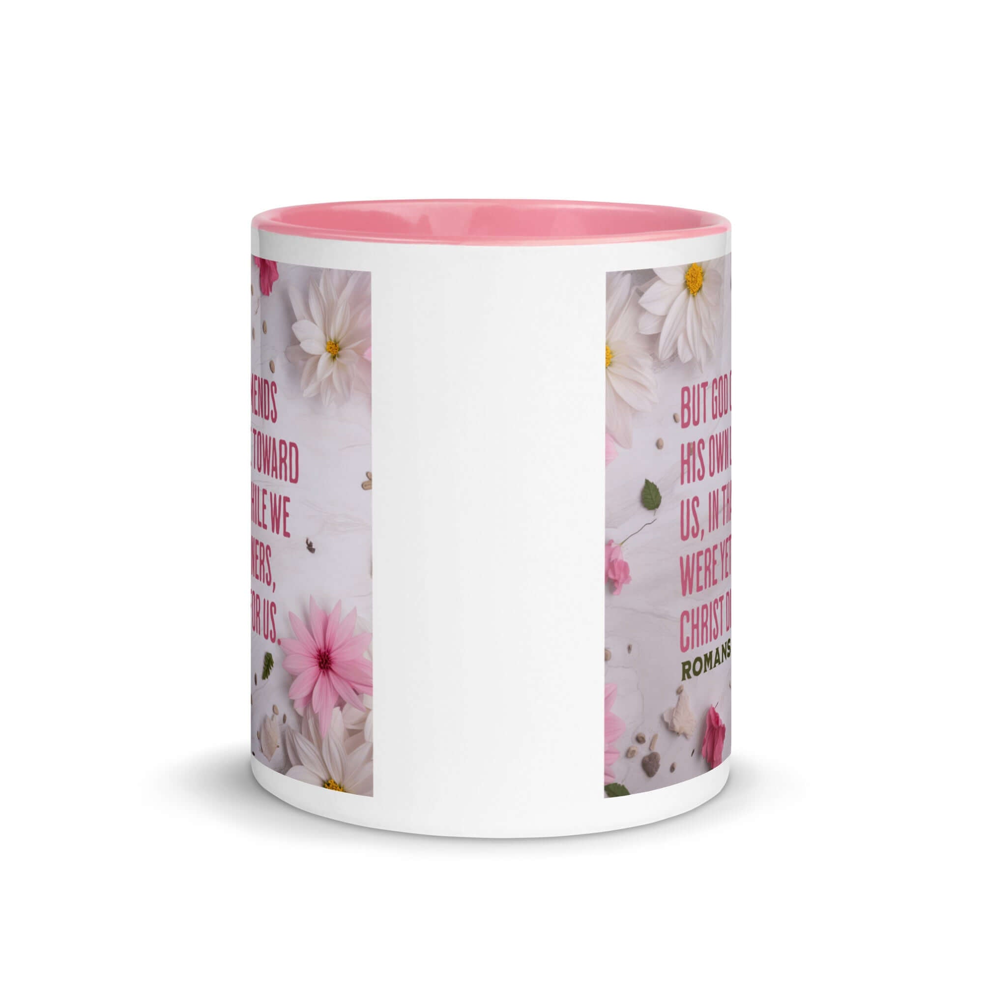 Romans 5:8 Bible Verse, Christ Died for Us White Ceramic Mug with Color Inside