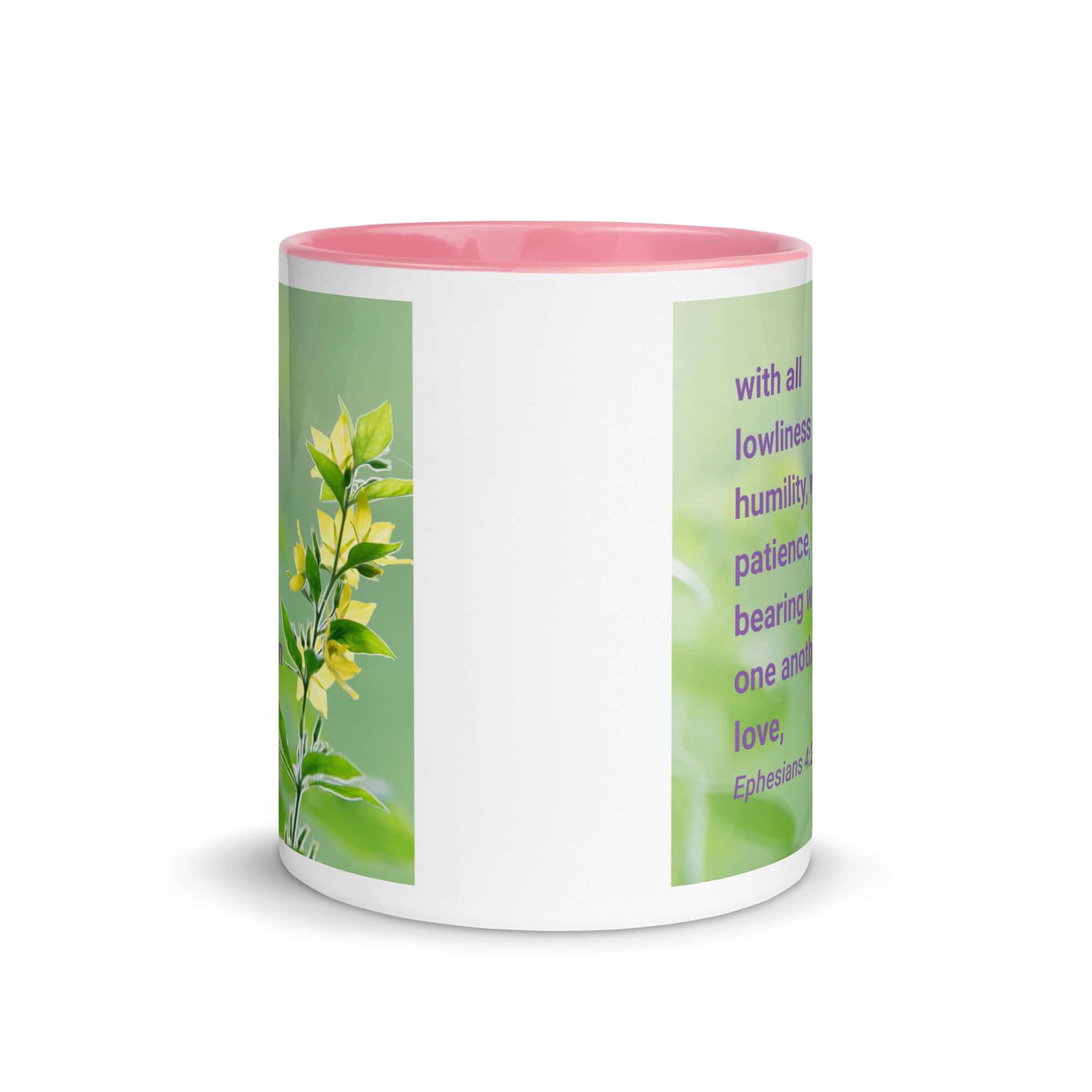 Ephesians 4:2 Bible Verse, one another in love White Ceramic Mug with Color Inside