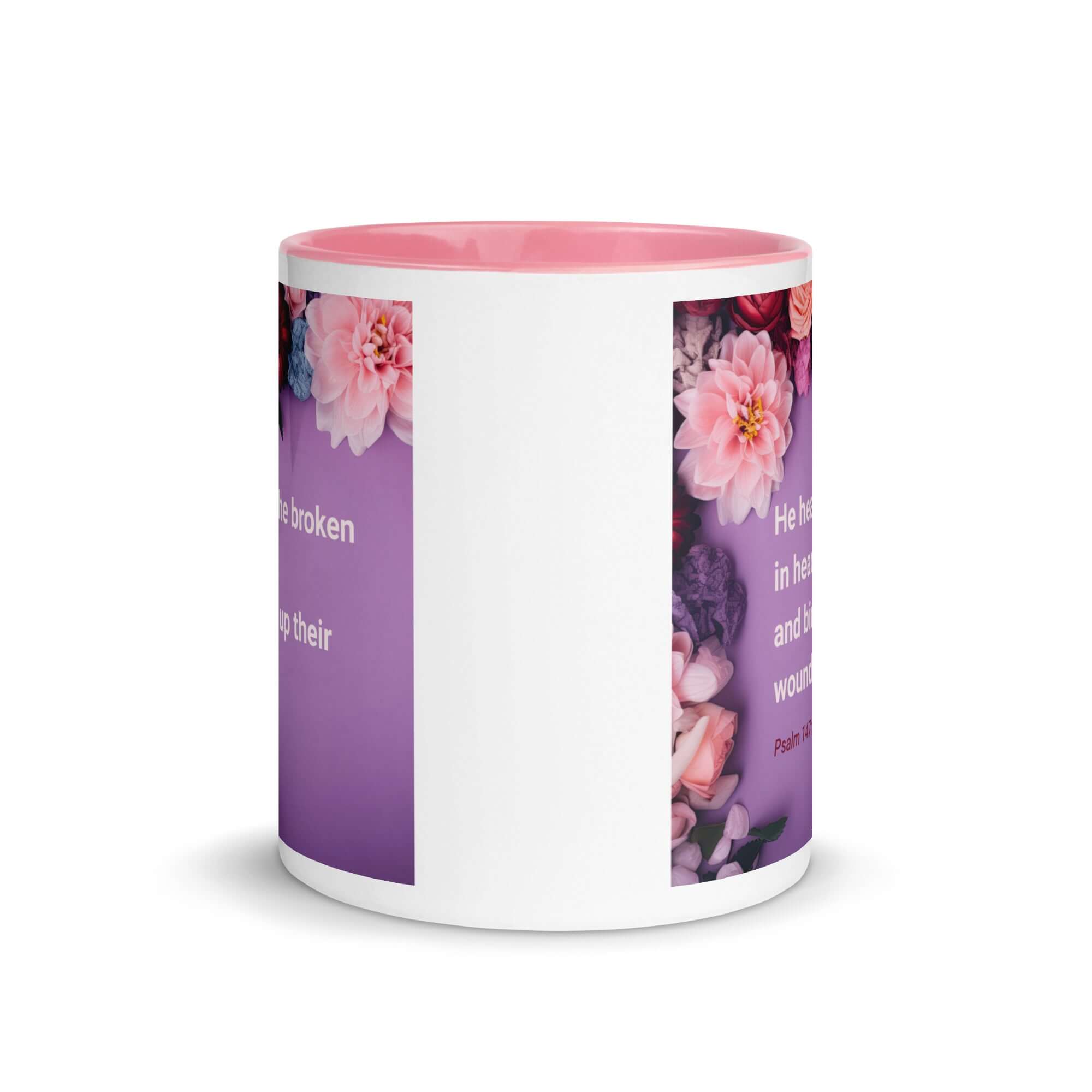 Psalm 147:3 Bible Verse, He heals the broken White Ceramic Mug with Color Inside