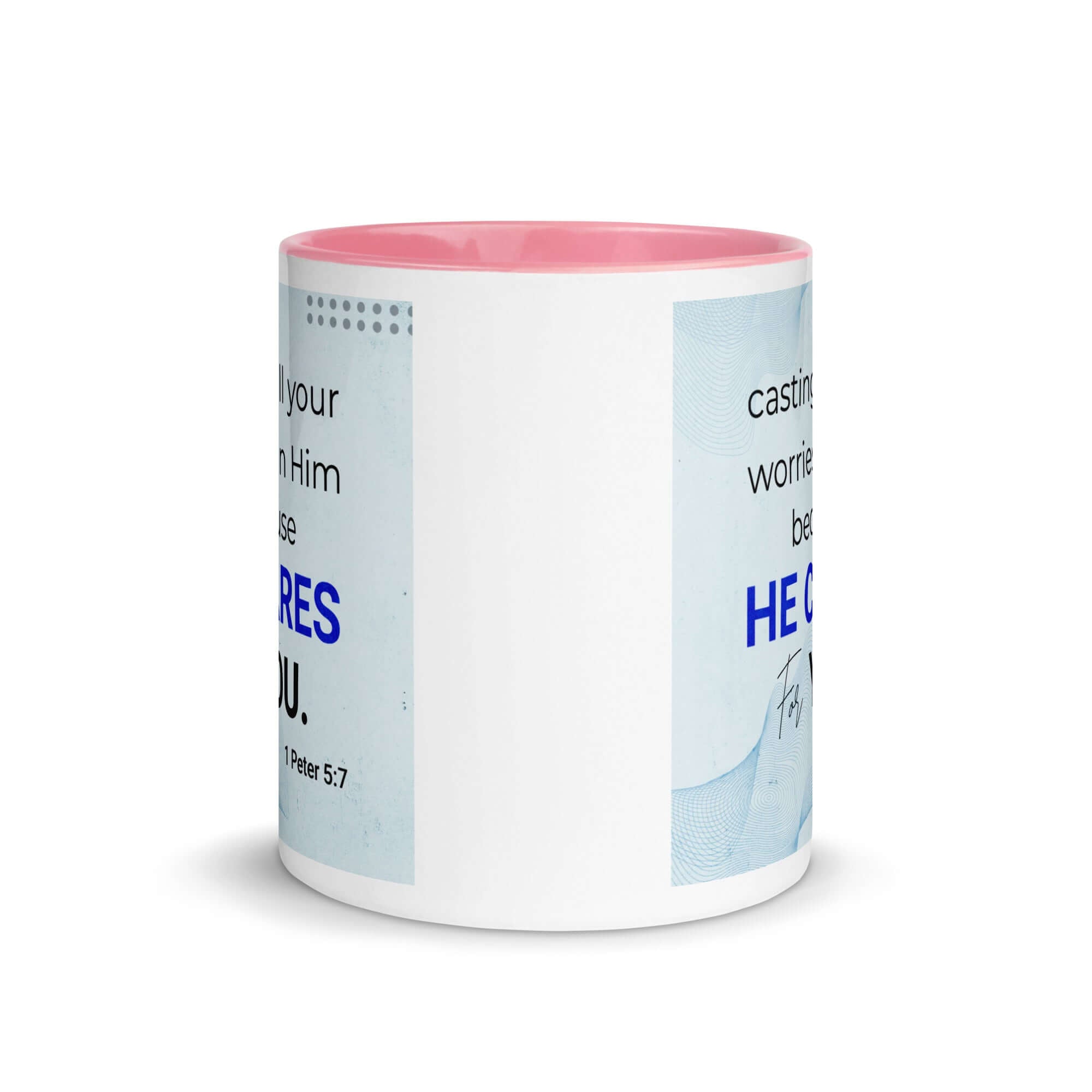 1 Peter 5:7 Bible Verse, casting all your worries on Him White Ceramic Mug with Color Inside