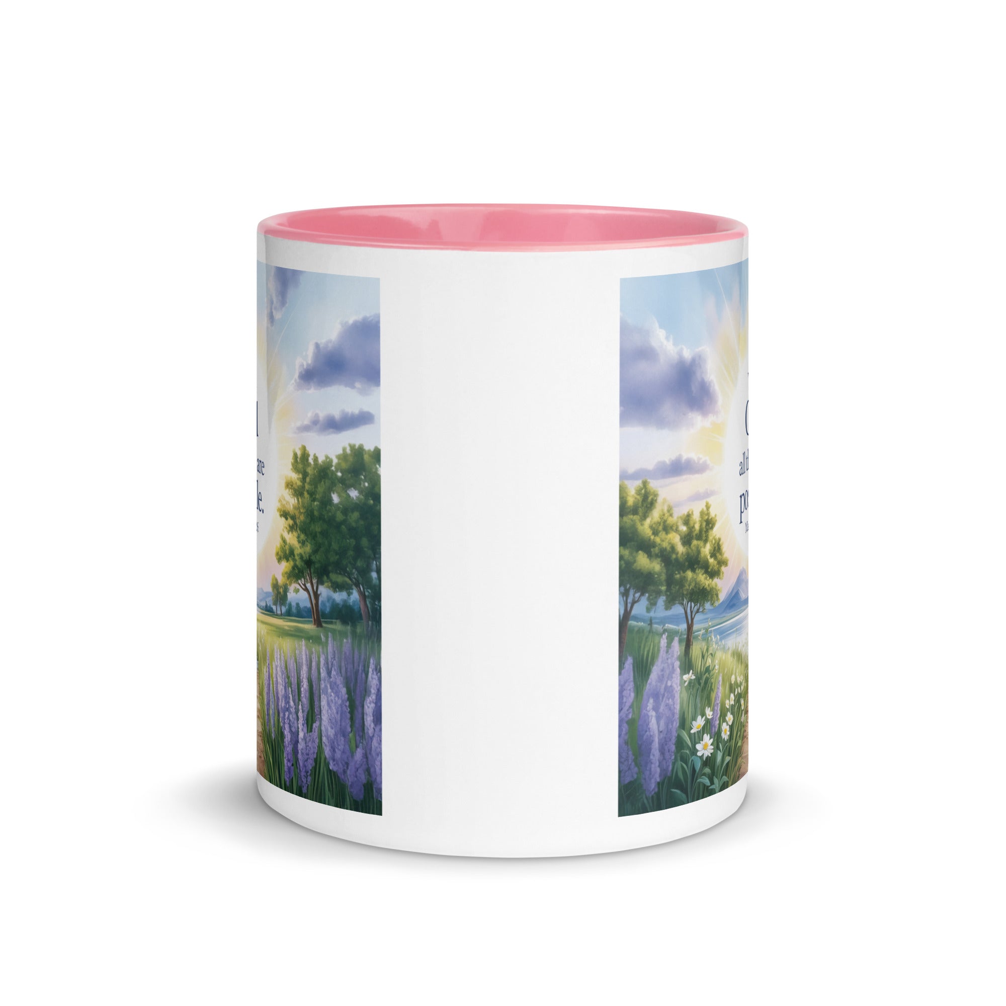 Matthew 19:26 Bible Verse Looking at White Ceramic Mug with Color Inside