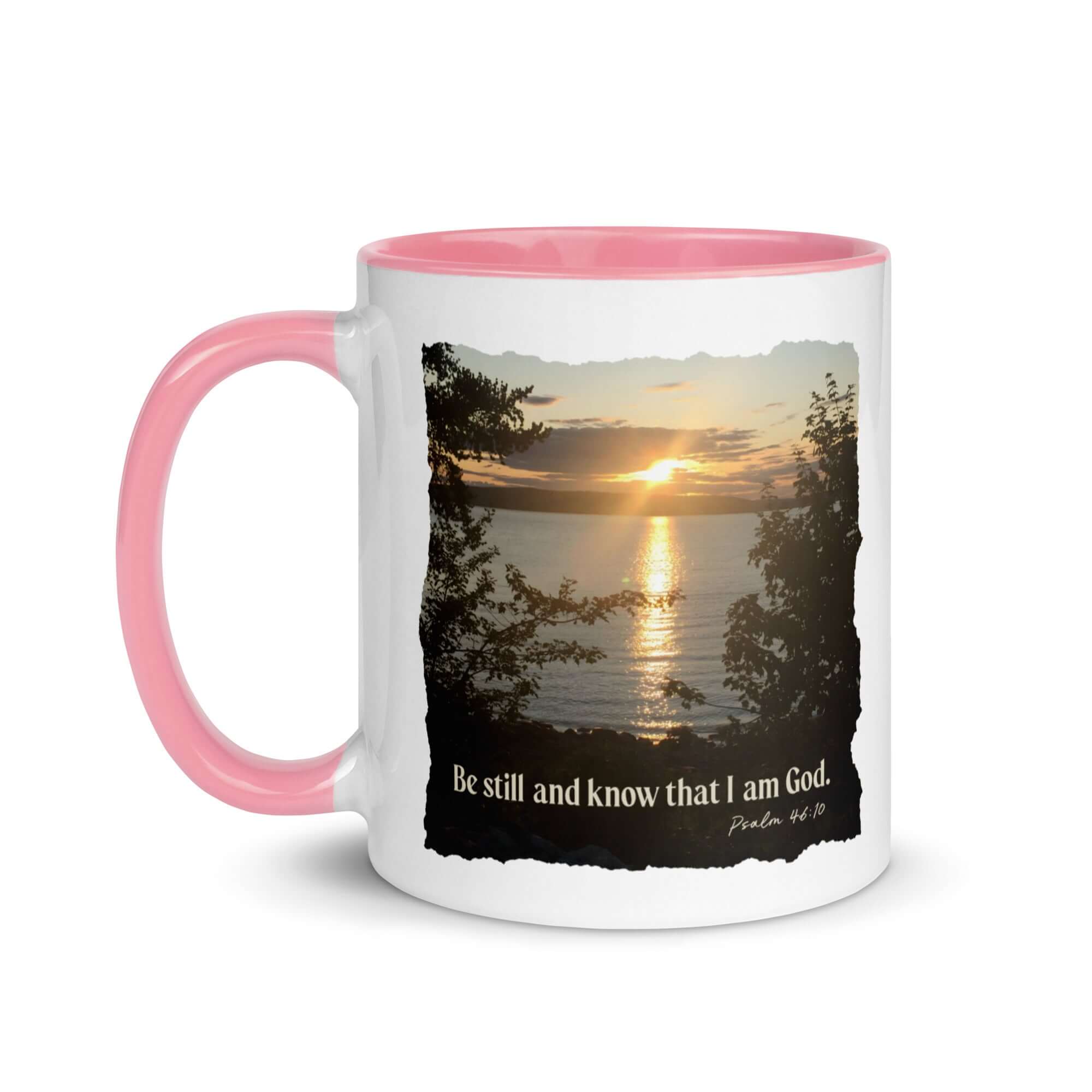 Psalm 46:10 Bible Verse, Sunset Glory White Ceramic Mug with Color Inside