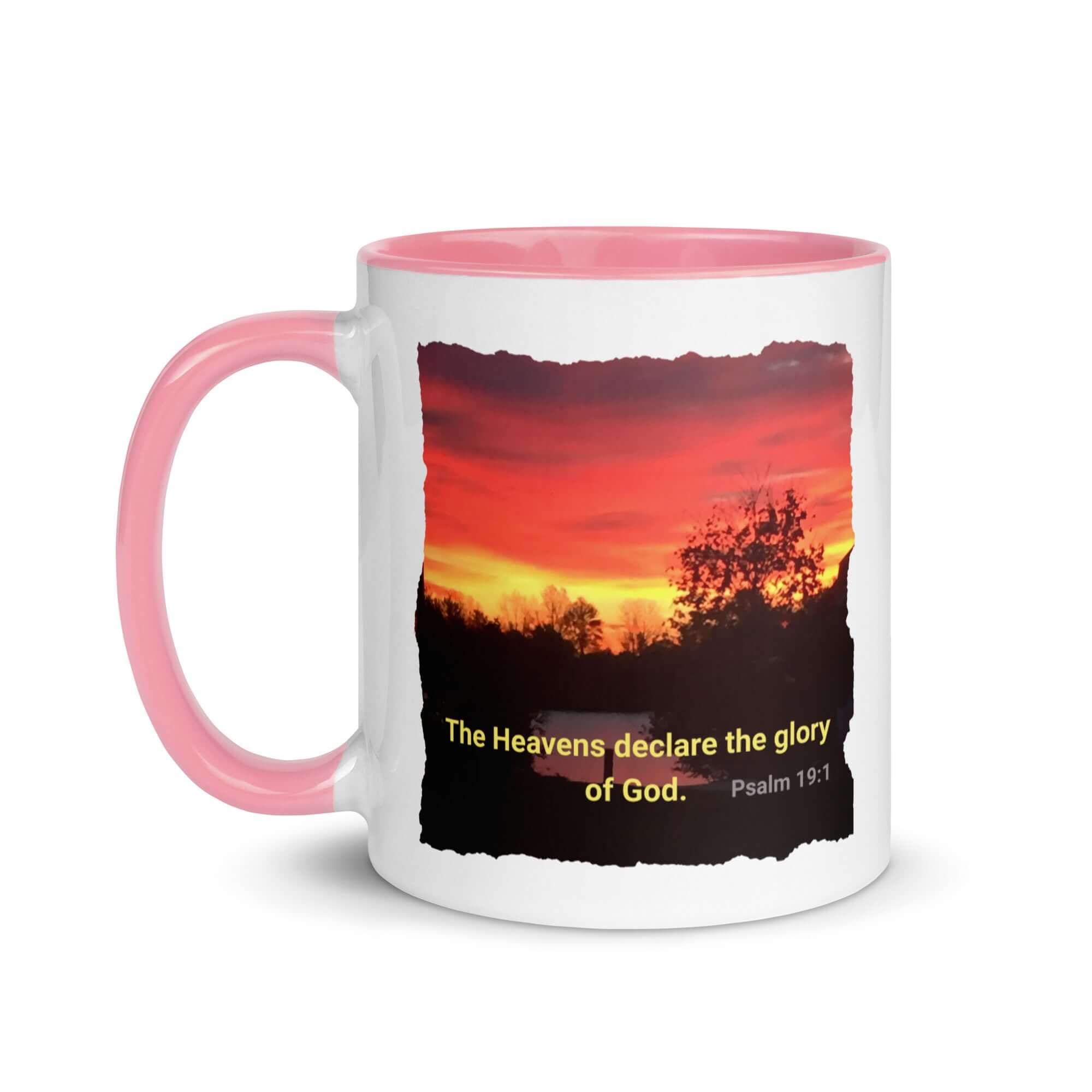 Psalm 19:1 Bible Verse, Sunset Glory White Ceramic Mug with Color Inside