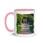 Revelation 3:20 Bible Verse, Garden Doorway White Ceramic Mug with Color Inside