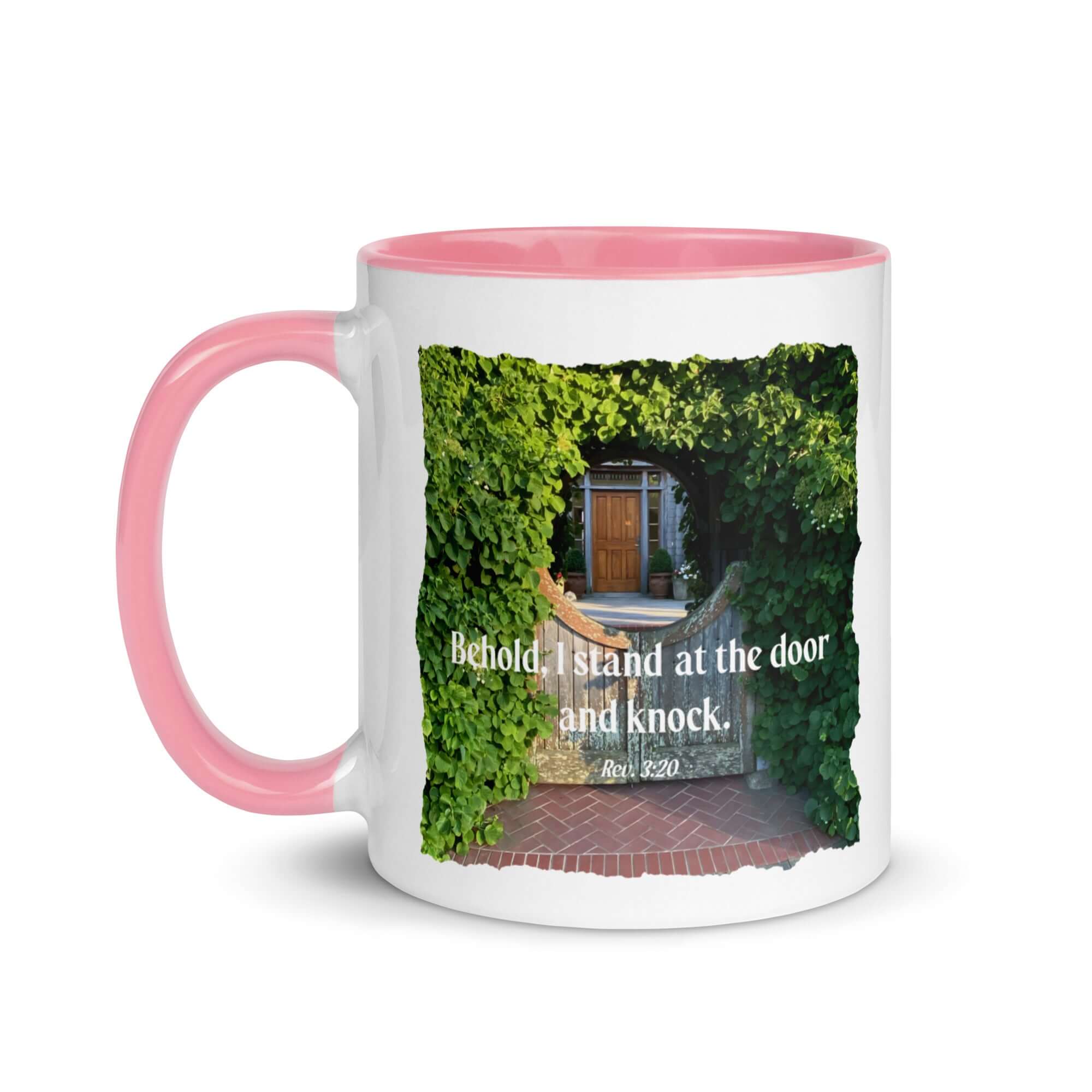 Revelation 3:20 Bible Verse, Garden Doorway White Ceramic Mug with Color Inside