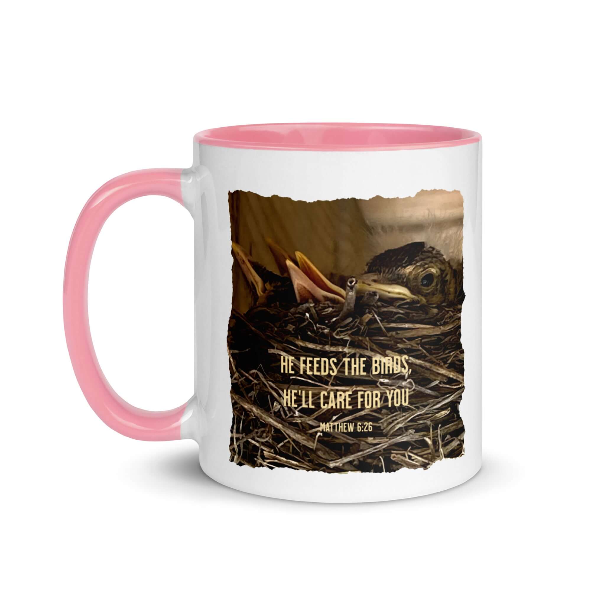 Matthew 6:26 Baby Robins, He'll Care for You White Ceramic Mug with Color Inside