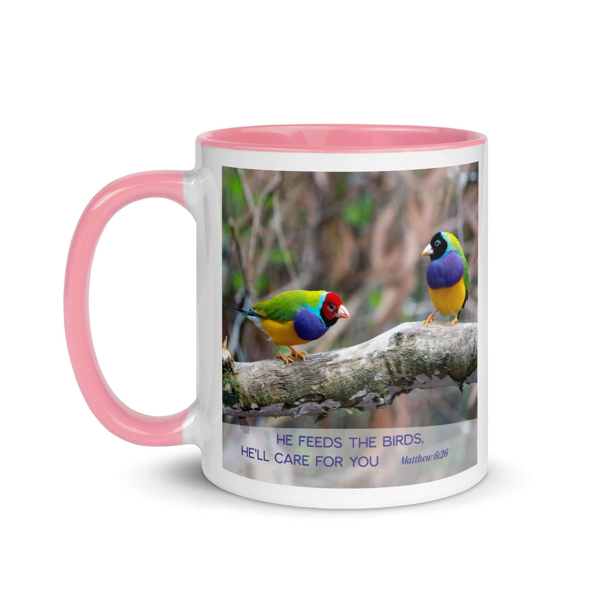 Matthew 6:26 Gouldian Finches, He'll Care for You White Ceramic Mug with Color Inside
