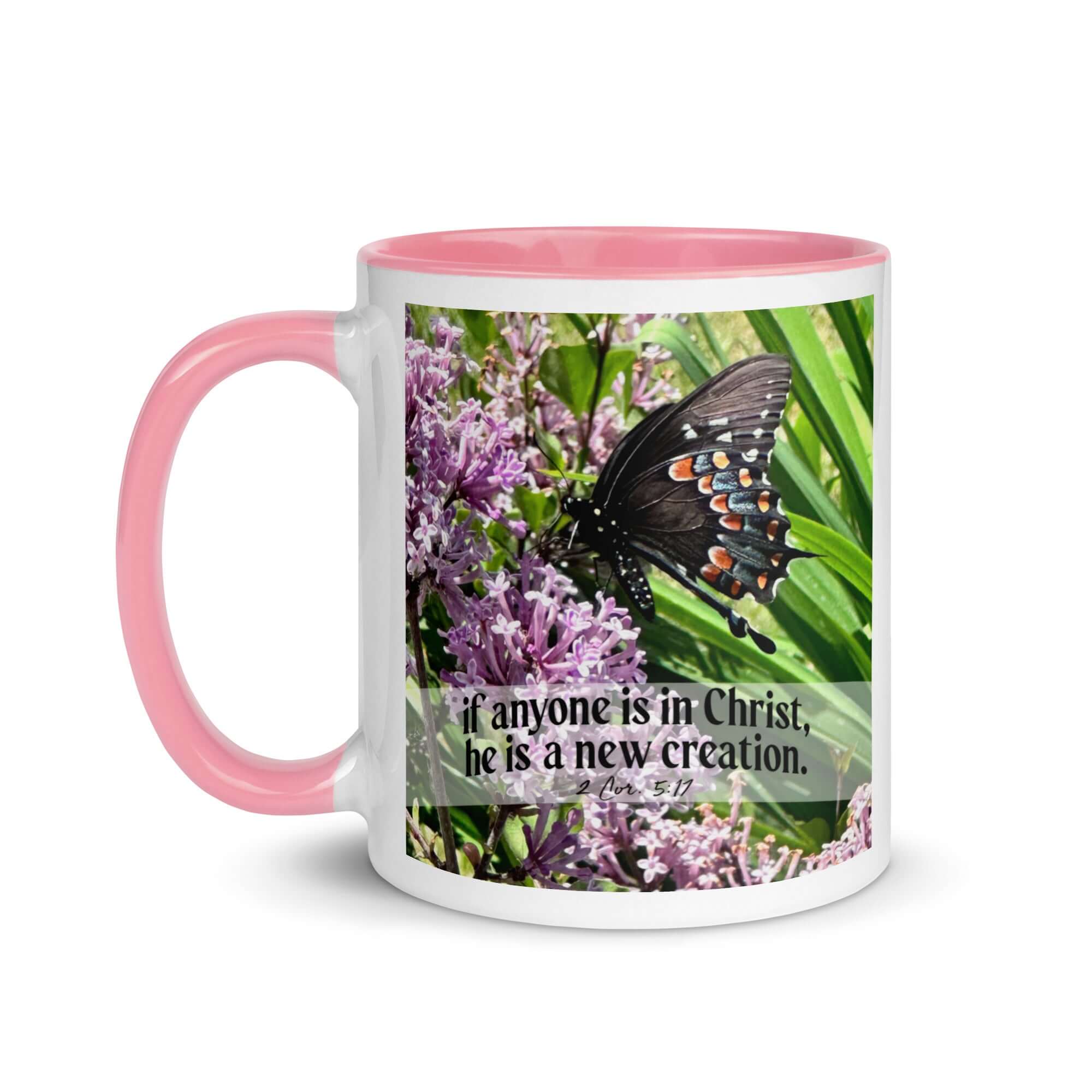 2 Corinthians 5:17 Bible Verse, Butterfly White Ceramic Mug with Color Inside