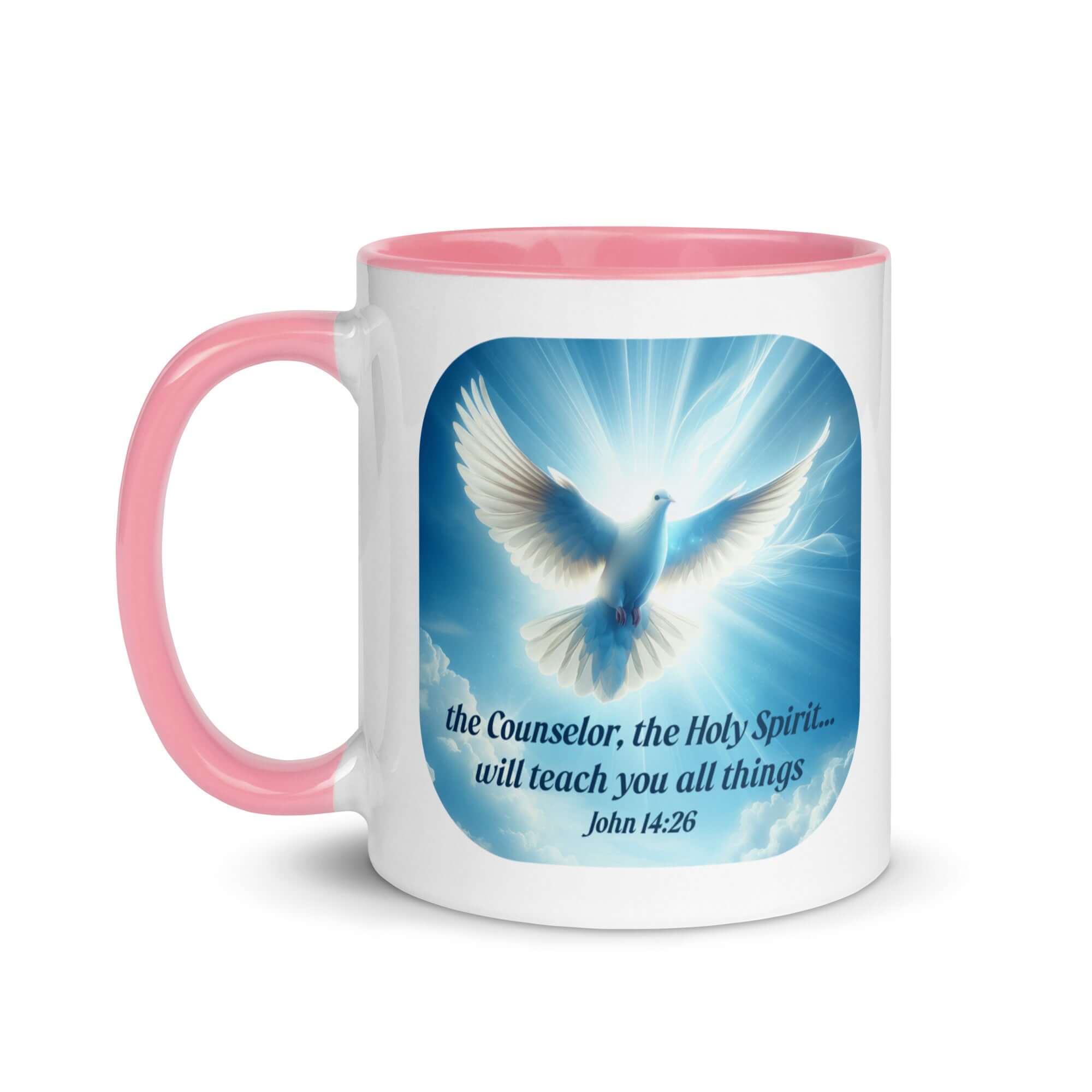 John 14:26 Bible Verse, Holy Spirit Dove White Ceramic Mug with Color Inside
